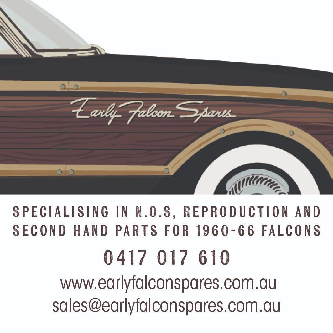Business card for Early Falcon Spares featuring a classic car with wood paneling on the side.