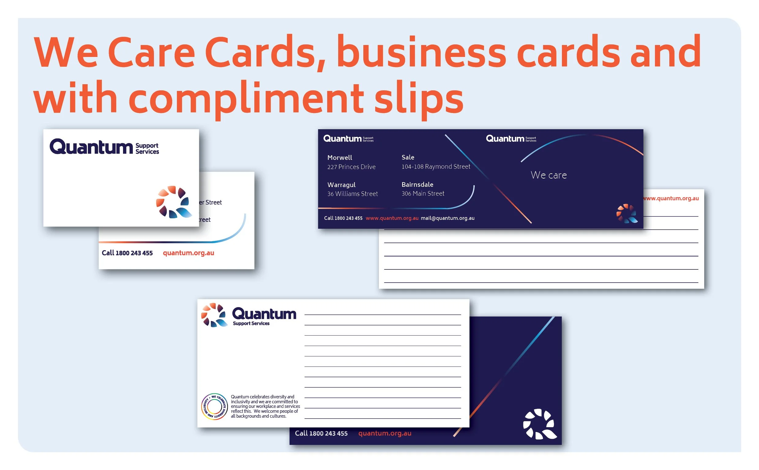 Collection of business cards and postcard slips for Quantum Support Services with the company logo and contact information.