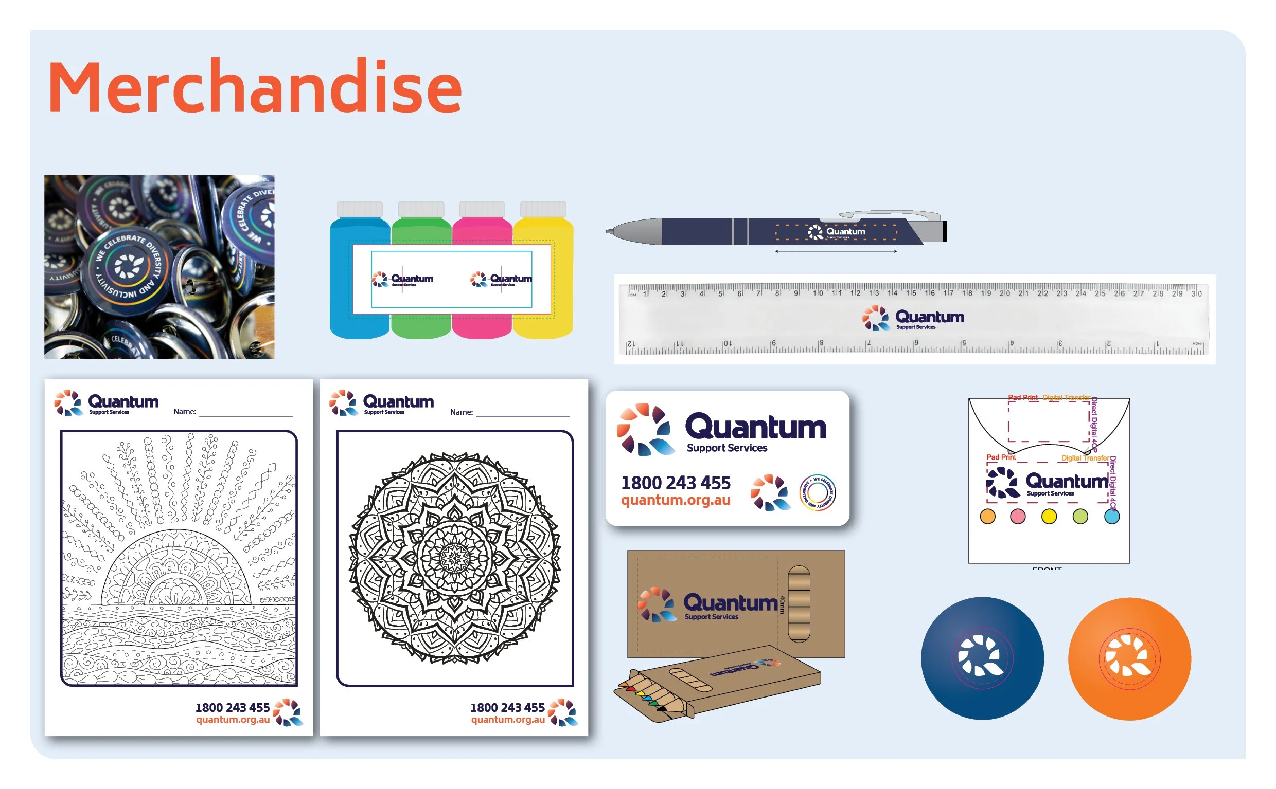 Collection of promotional merchandise items for Quantum Support Services, including buttons, coloring pages, business cards, pen, ruler, badge holder, stickers, and colored circles.