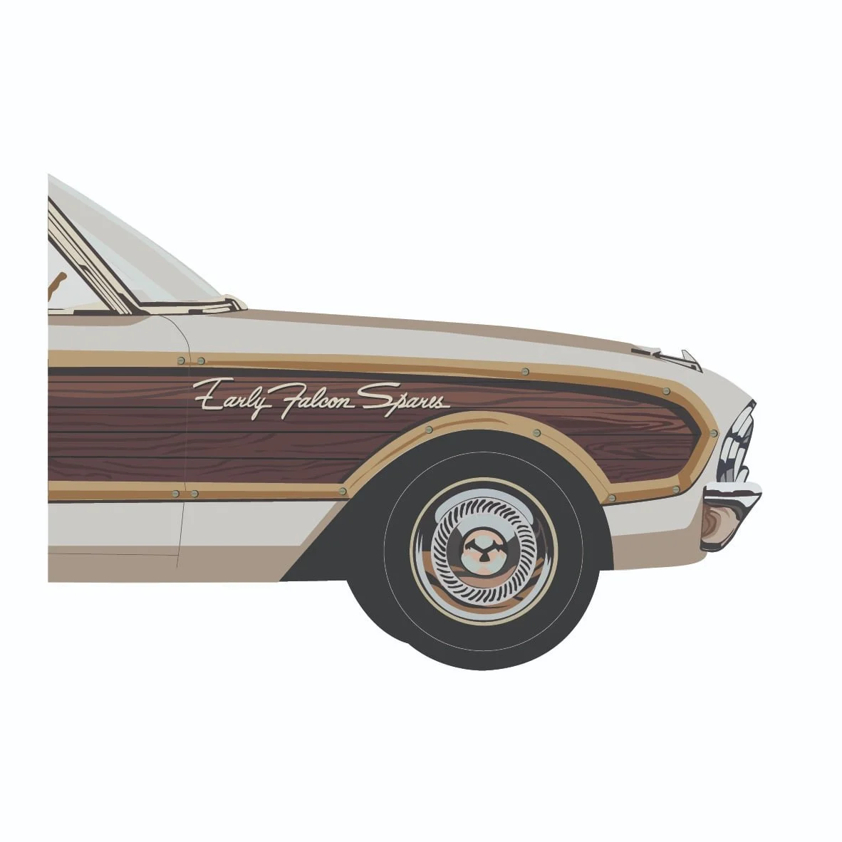 Close-up of a vintage car with wood paneling, chrome details, and a custom script reading 'Early Falcon Sparks' on the side.