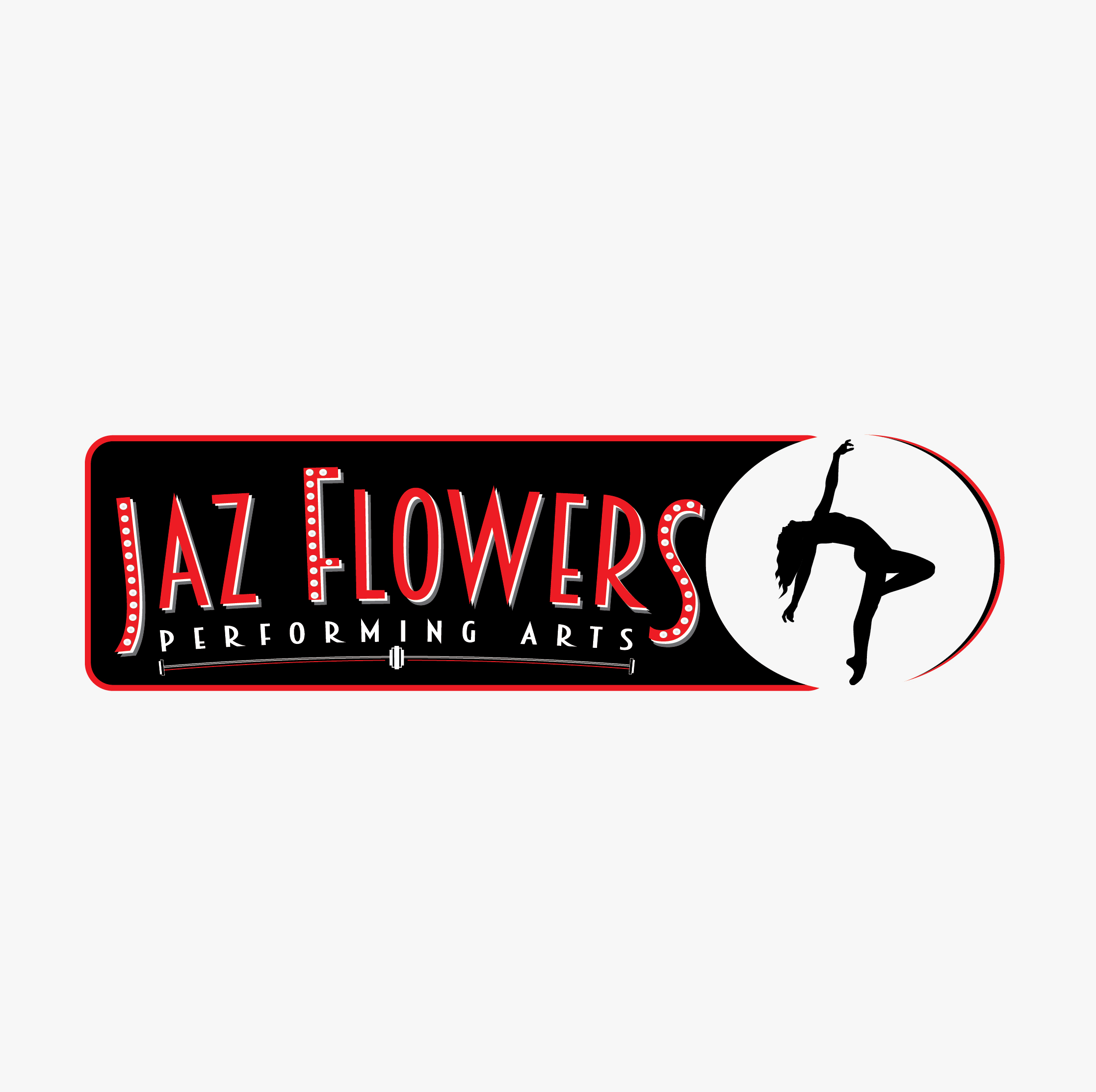Logo for AZ Flowers Performing Arts featuring stylized text and a silhouette of a dancer doing a backbend with an arm reaching upward