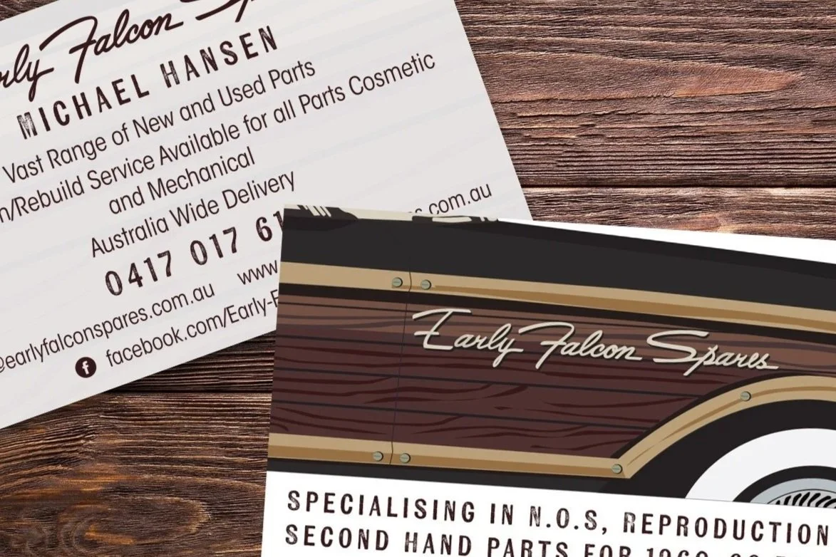 Business card and flyer for Early Falcon Spares, an auto parts business. The card has a wood grain background with the business name, and the flyer provides contact information and services related to second-hand car parts.