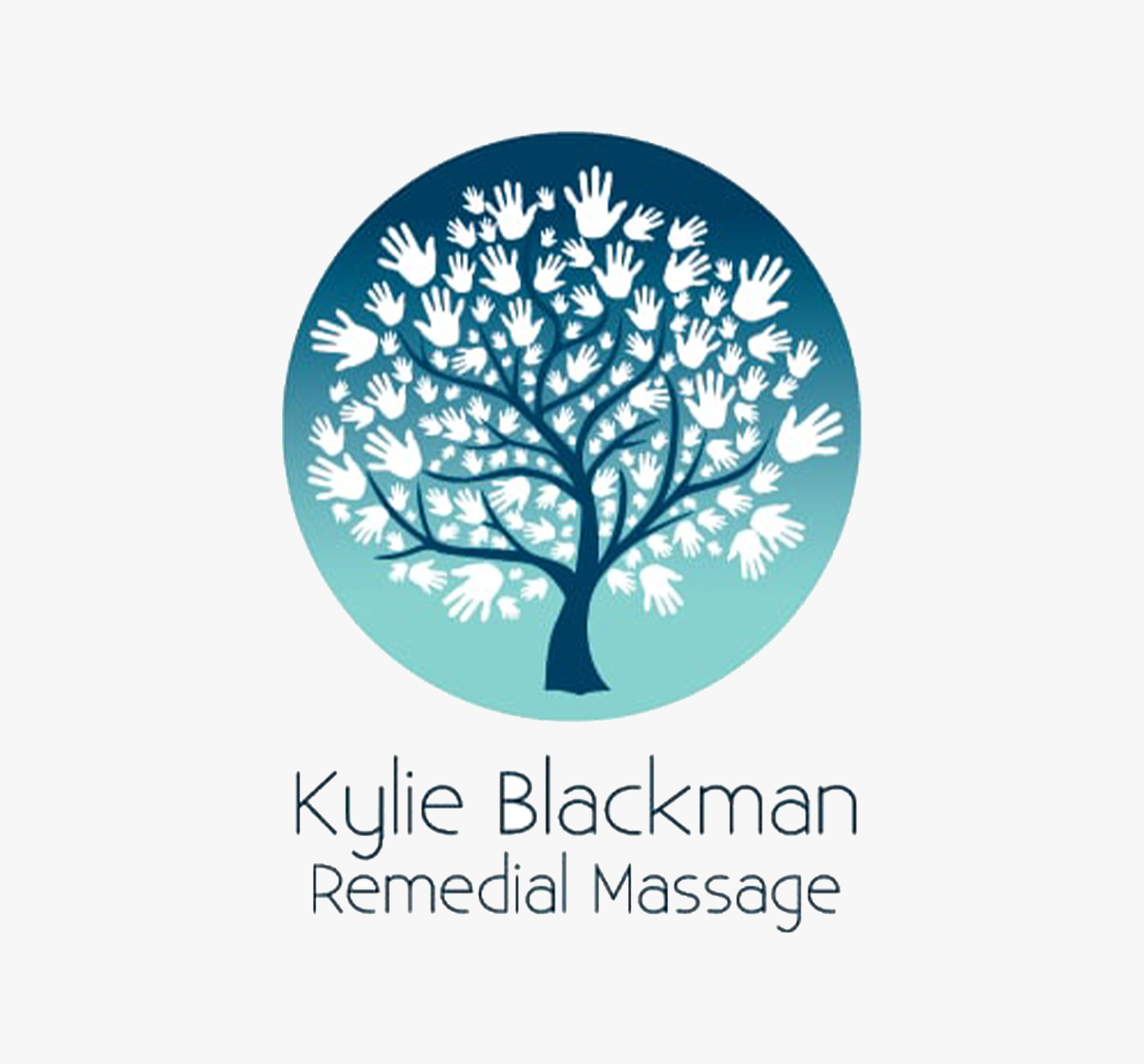 A circular logo featuring a blue tree with white hand-shaped leaves on a gradient blue background. Below the logo, the text reads "Kylie Blackman Remedial Massage."