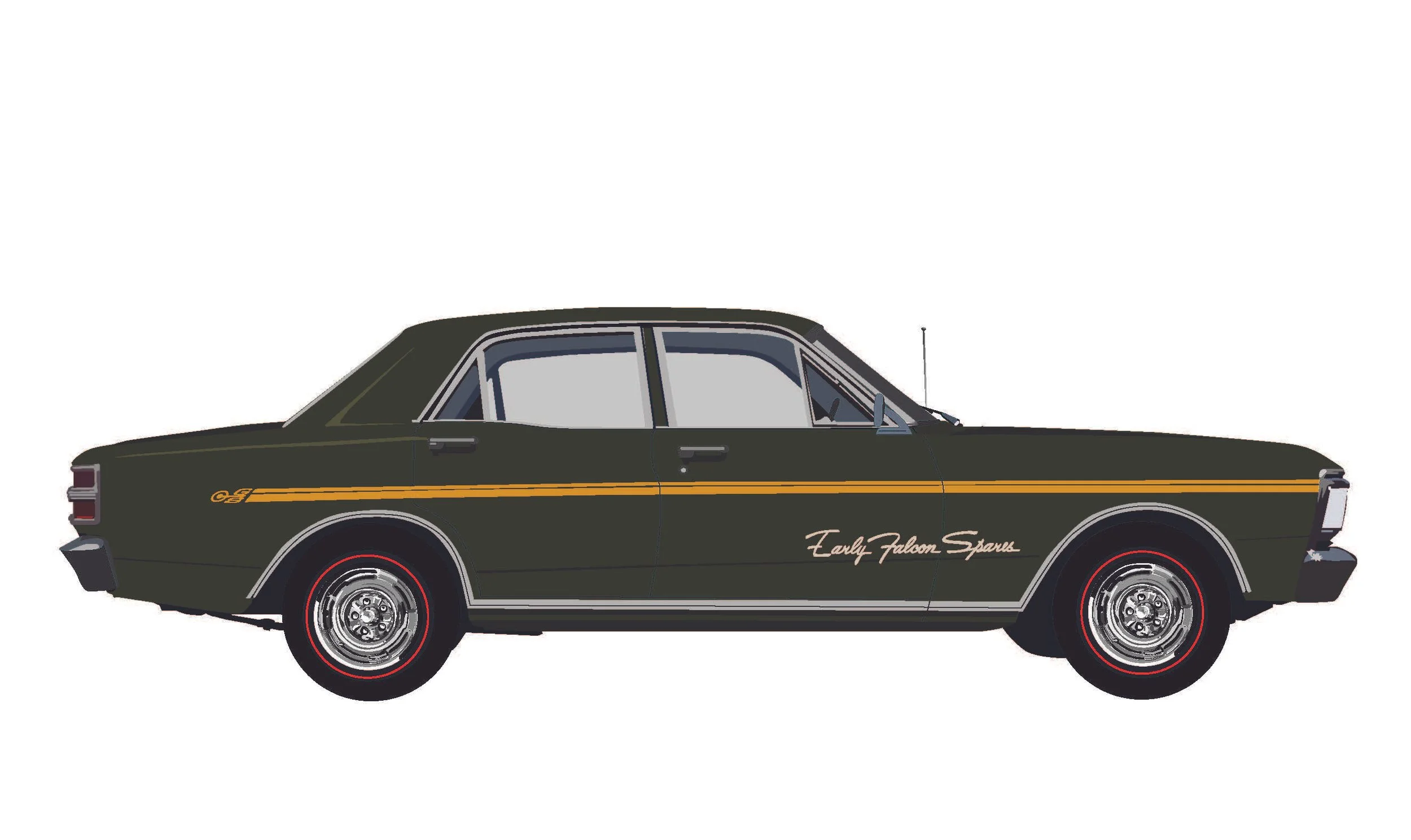 A vintage black car with yellow stripes, labeled "Early Falcon Spark" on the side, featuring chrome hubcaps and red accents on the tires.