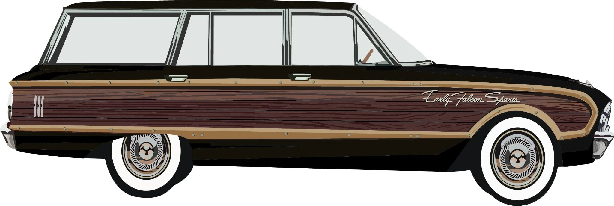 Illustration of a vintage station wagon with a wood panel exterior, black top, and white-wall tires. The side of the car has the words 'Early Falcon Sparks' written on it.