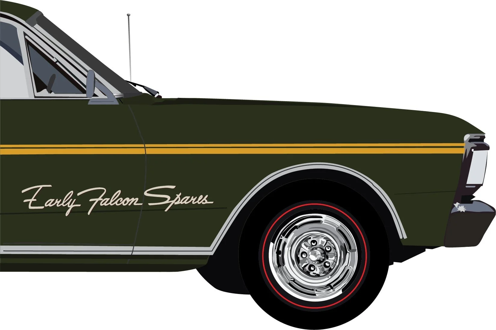 Close-up illustration of a vintage police car with dark green body and yellow stripe, featuring the text 'Early Falcon Speeds' on the door, chrome hubcap, and a portion of the front bumper.