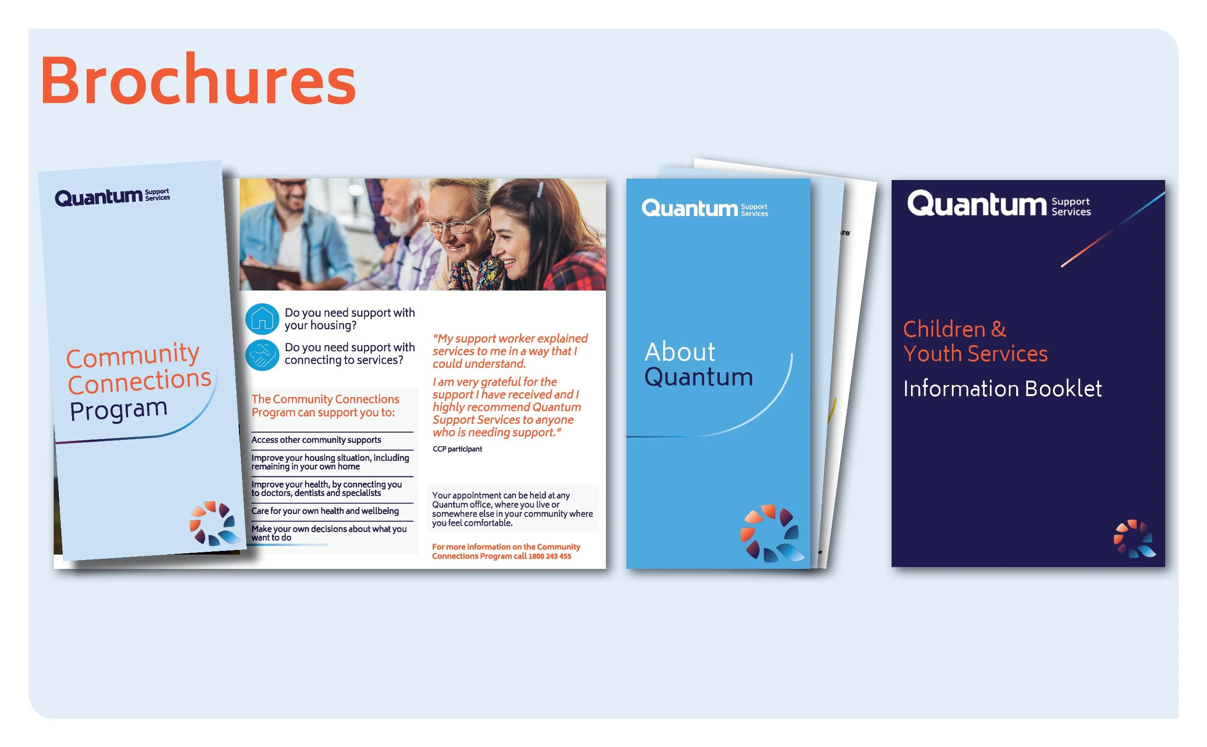 Display of three brochures for Quantum Support Services, including Community Connections Program, About Quantum, and Children & Youth Services Information Booklet, featuring colorful designs and photographs of smiling people.