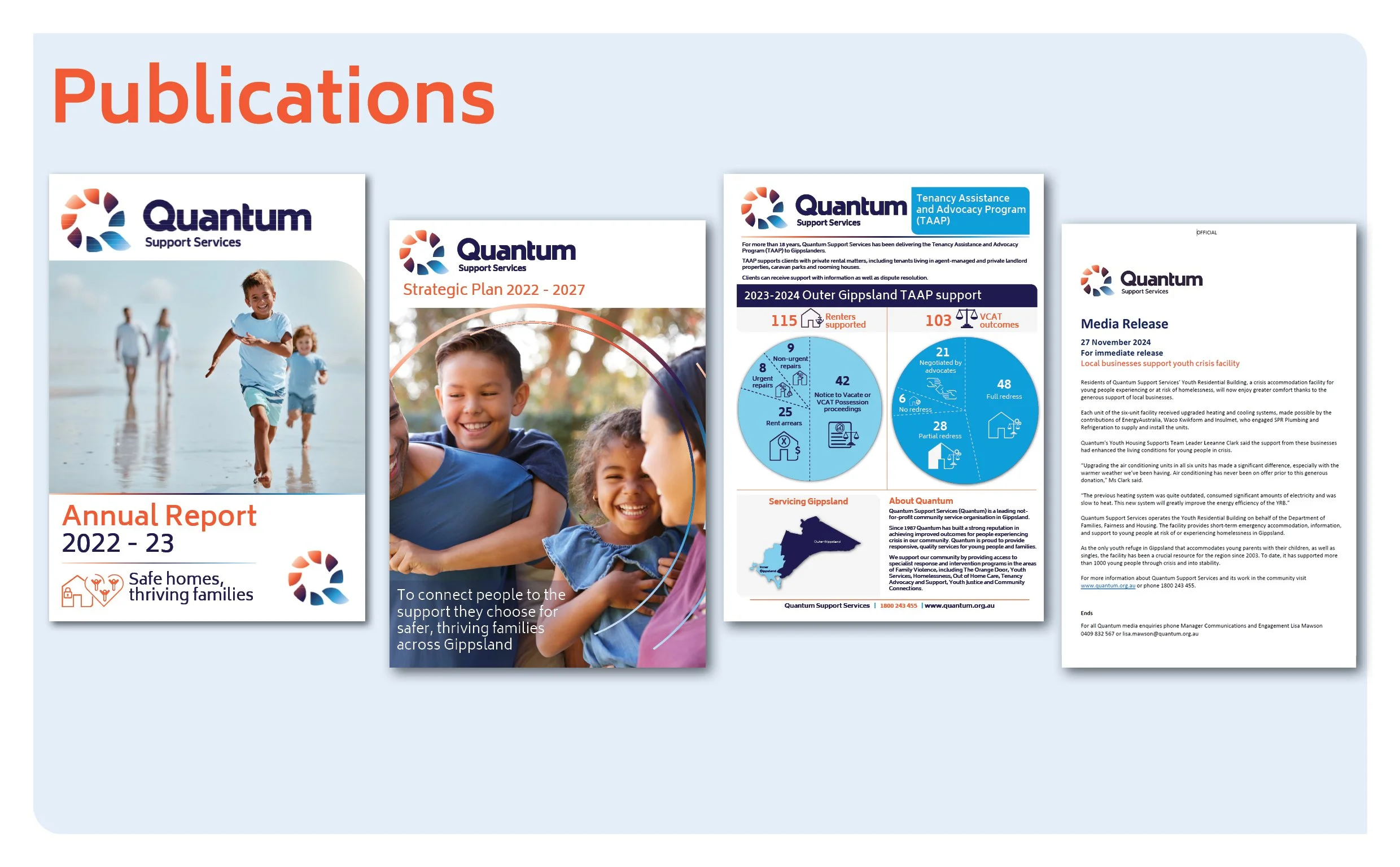 Collection of four publication covers from Quantum Support Services, including an annual report, a strategic plan, a TAAP support report, and a media release, focused on supporting families and youth in Gippsland.