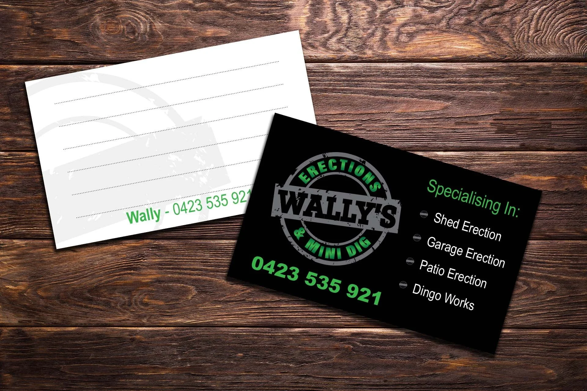 Business card for Wally's Erections & Mini Dig, featuring a black background with green and white text, listing specialties like shed, garage, and patio erection, with a phone number 0423 535 921.