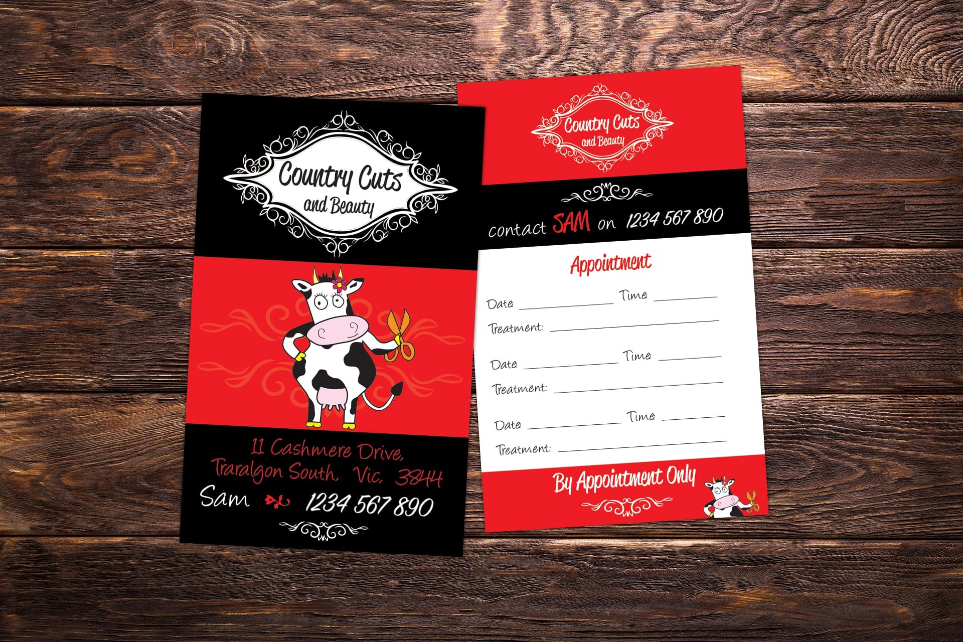 A promotional flyer for 'Country Cuts and Beauty' beauty salon, featuring a cartoon cow holding scissors, contact details, and an appointment booking form.