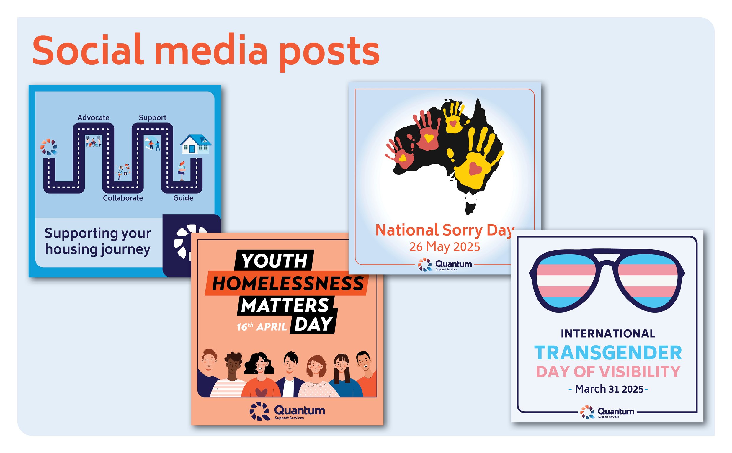 Collection of social media posts highlighting awareness days and themes: housing support, National Sorry Day 2025 with an Australian map and handprints, Youth Homelessness Matters Day with diverse illustrated youth, International Transgender Day of Visibility with stylized sunglasses and pink, white, and blue colors.