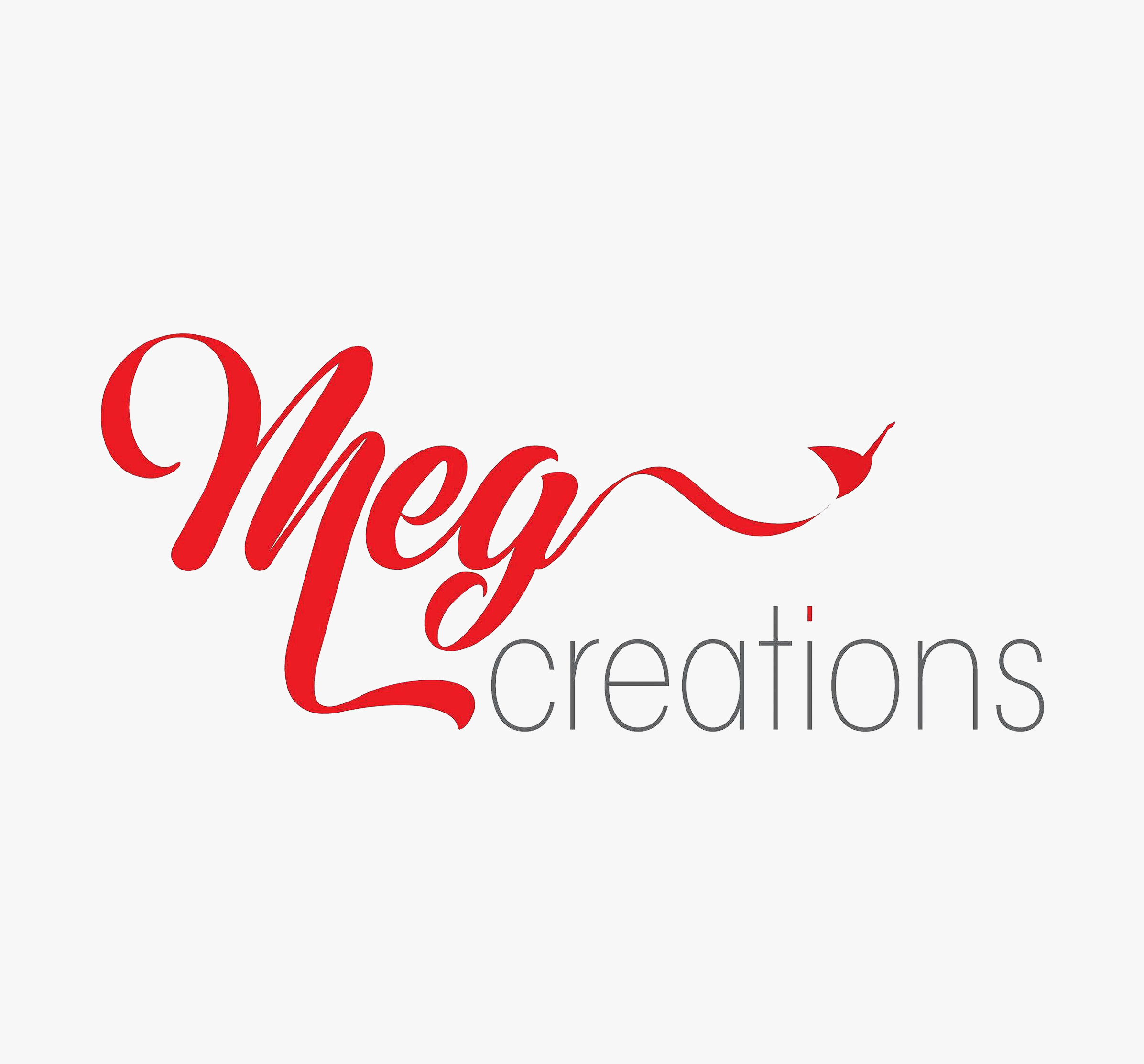 Logo of Meg Creations with the word 'Meg' in red cursive with a sewing needle and thread incorporated, and 'creations' in gray lowercase letters