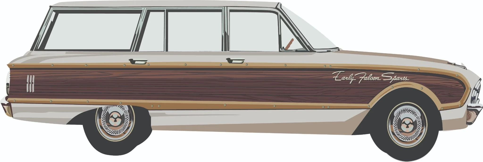 A vintage car with wood paneling, labeled "Early Falcon Sparks."