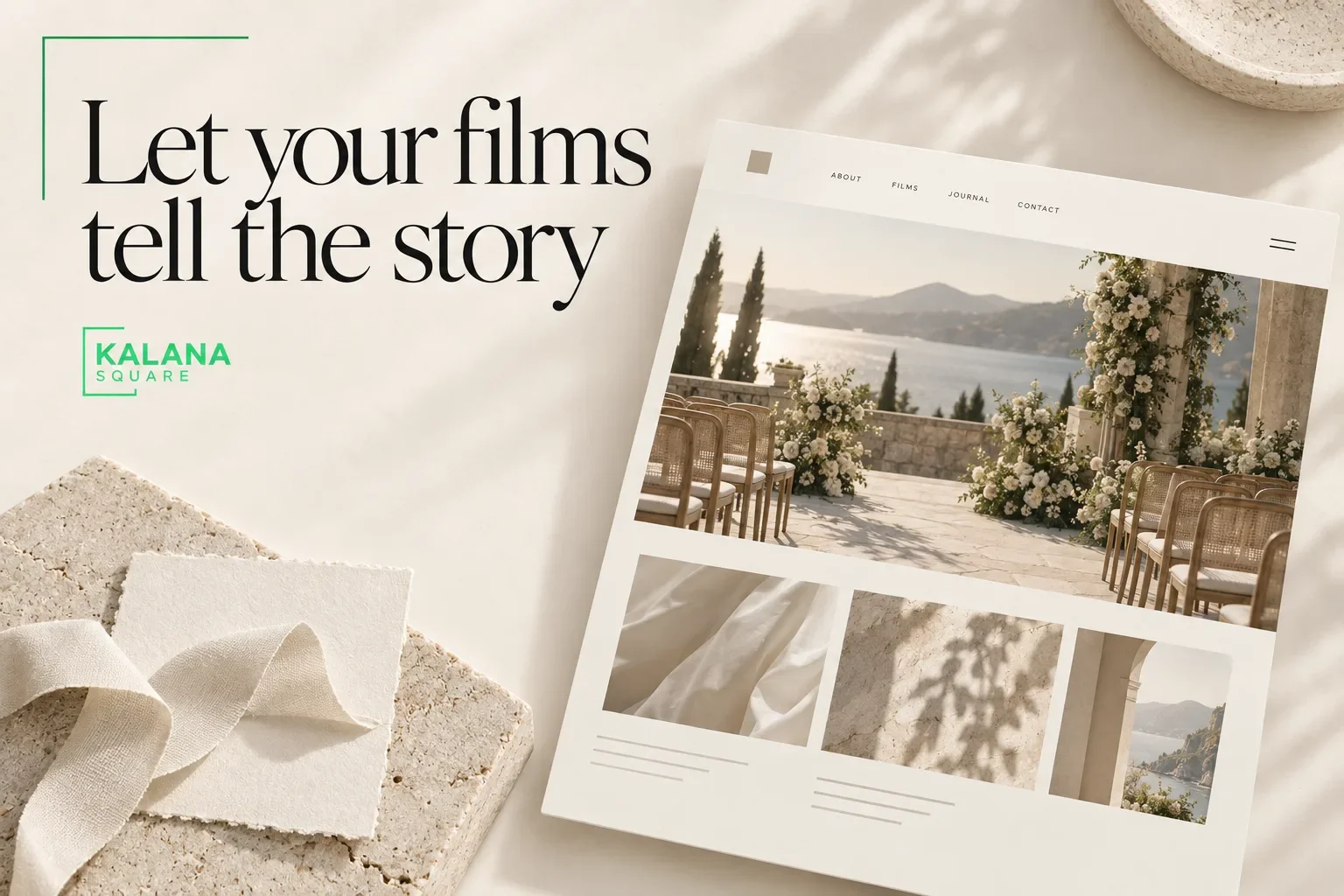 Illustrative editorial cover reading Let your films tell the story with a wedding venue and conceptual website layout.