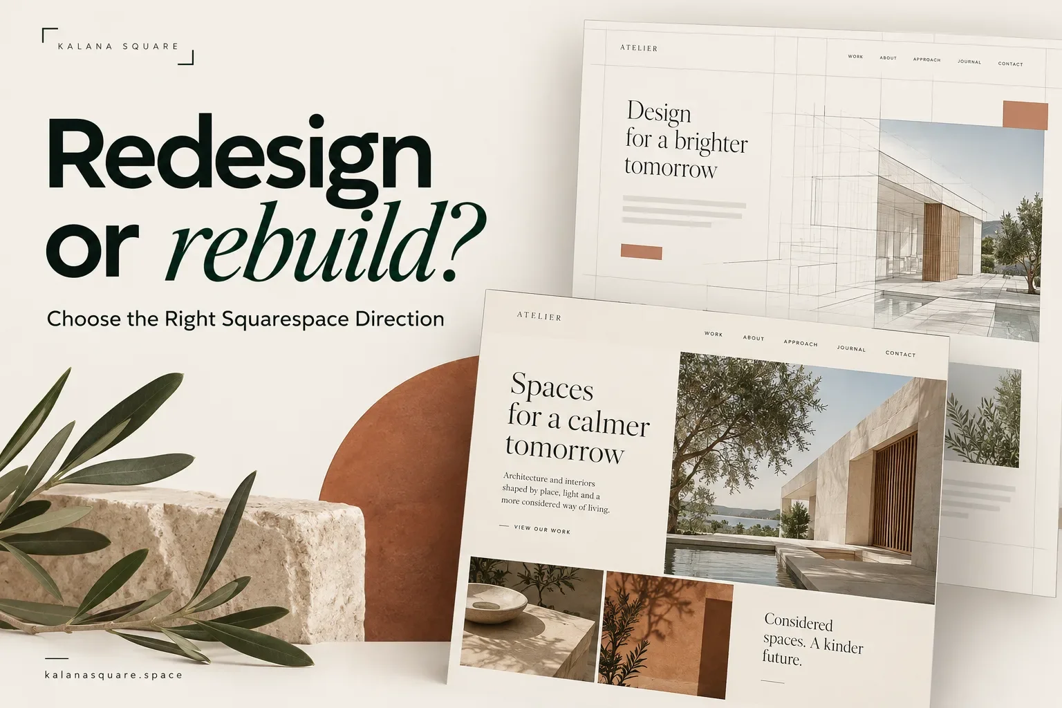 Finished website design and a partially constructed layout illustrating redesign versus rebuild.