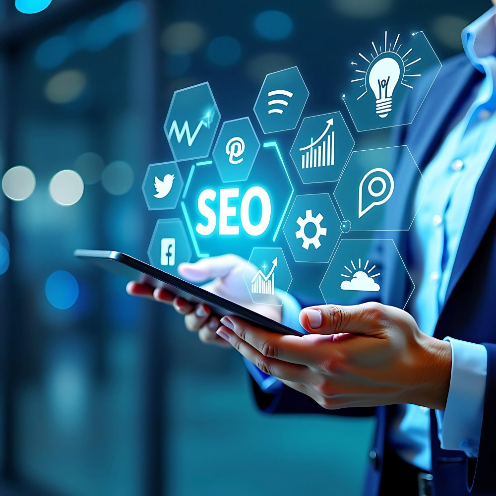 A business person in a suit holding a smartphone with holographic icons related to SEO, social media, analytics, and digital marketing floating above the device.