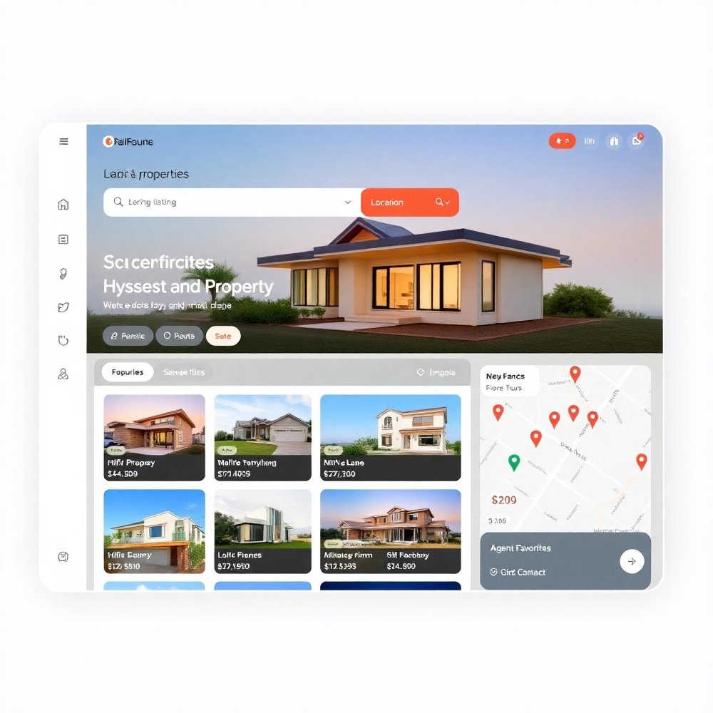 Screenshot of a real estate website showing various properties for sale with prices, a map with markers, and a house image at the top.