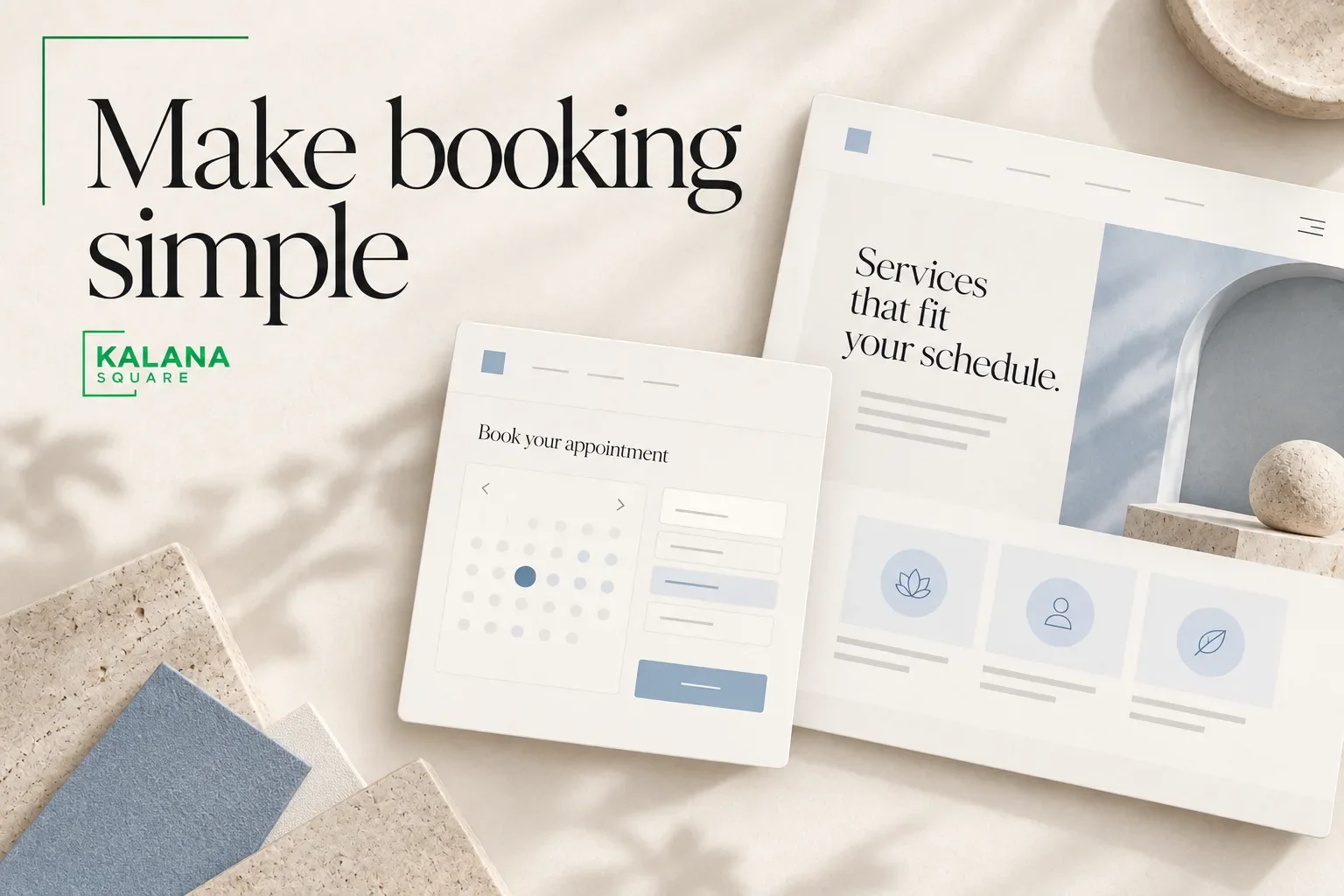 Editorial graphic reading Make booking simple beside a minimal calendar and service page concept.