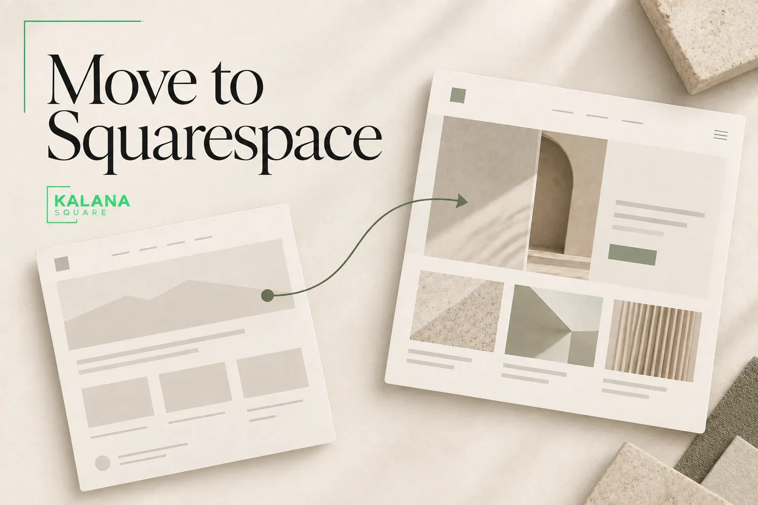 Editorial graphic reading Move to Squarespace with two website sheets connected by a fine green line.