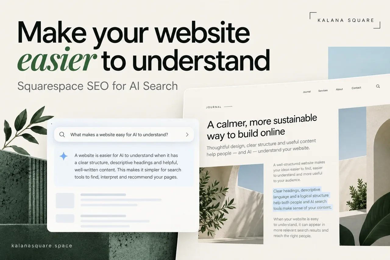 Website article and search-answer previews illustrating clear content for Squarespace AI search visibility.