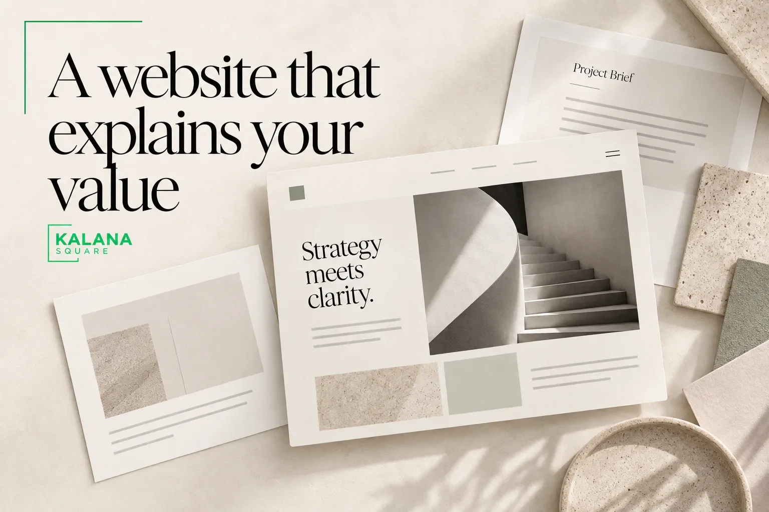 Editorial graphic reading A website that explains your value beside a consultant website and architectural image.