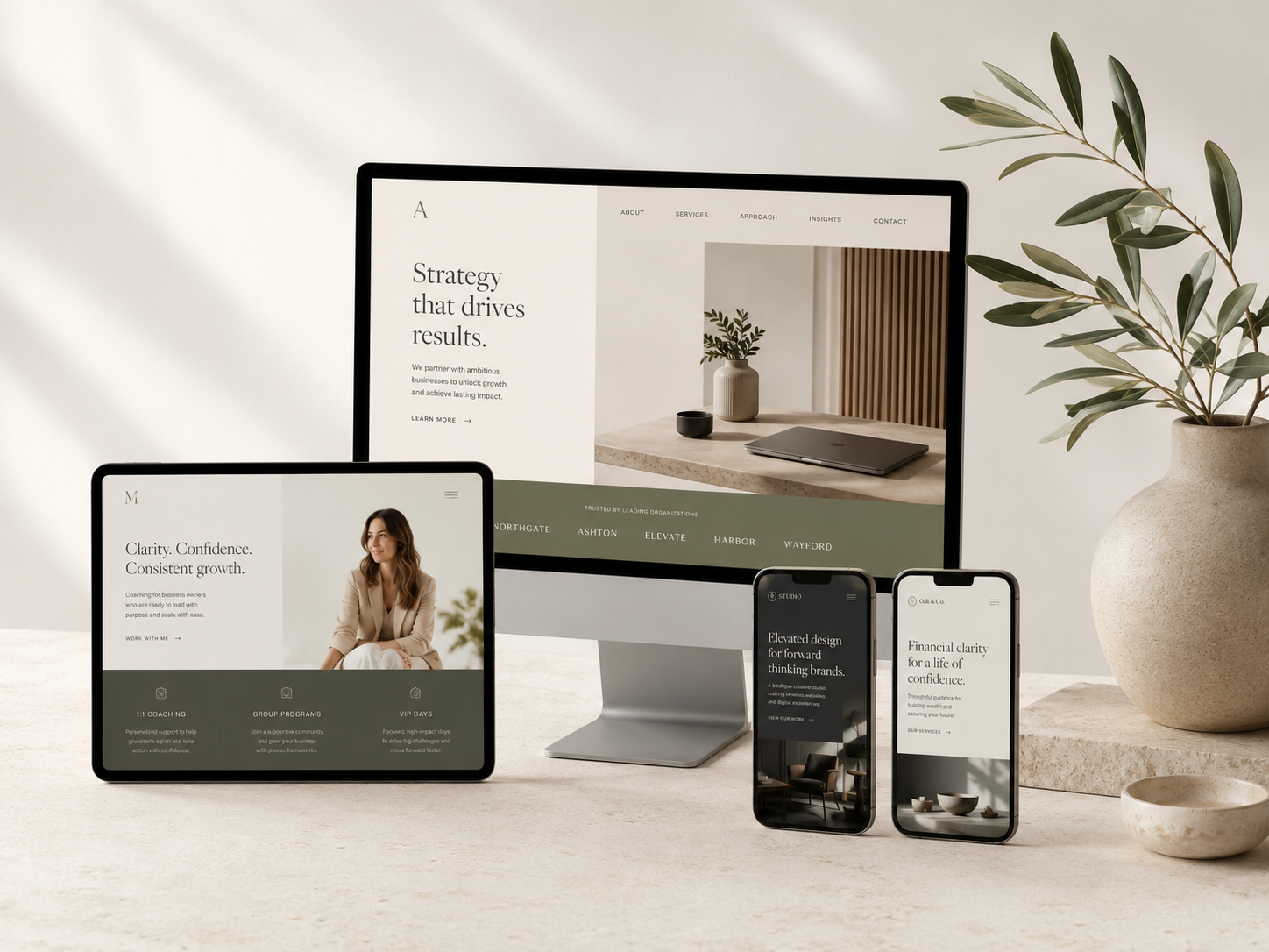 Multiple electronic devices including a desktop computer, tablet, and smartphones displaying a website related to business consulting, arranged on a neutral surface with a large beige vase containing a leafy branch on the right side.