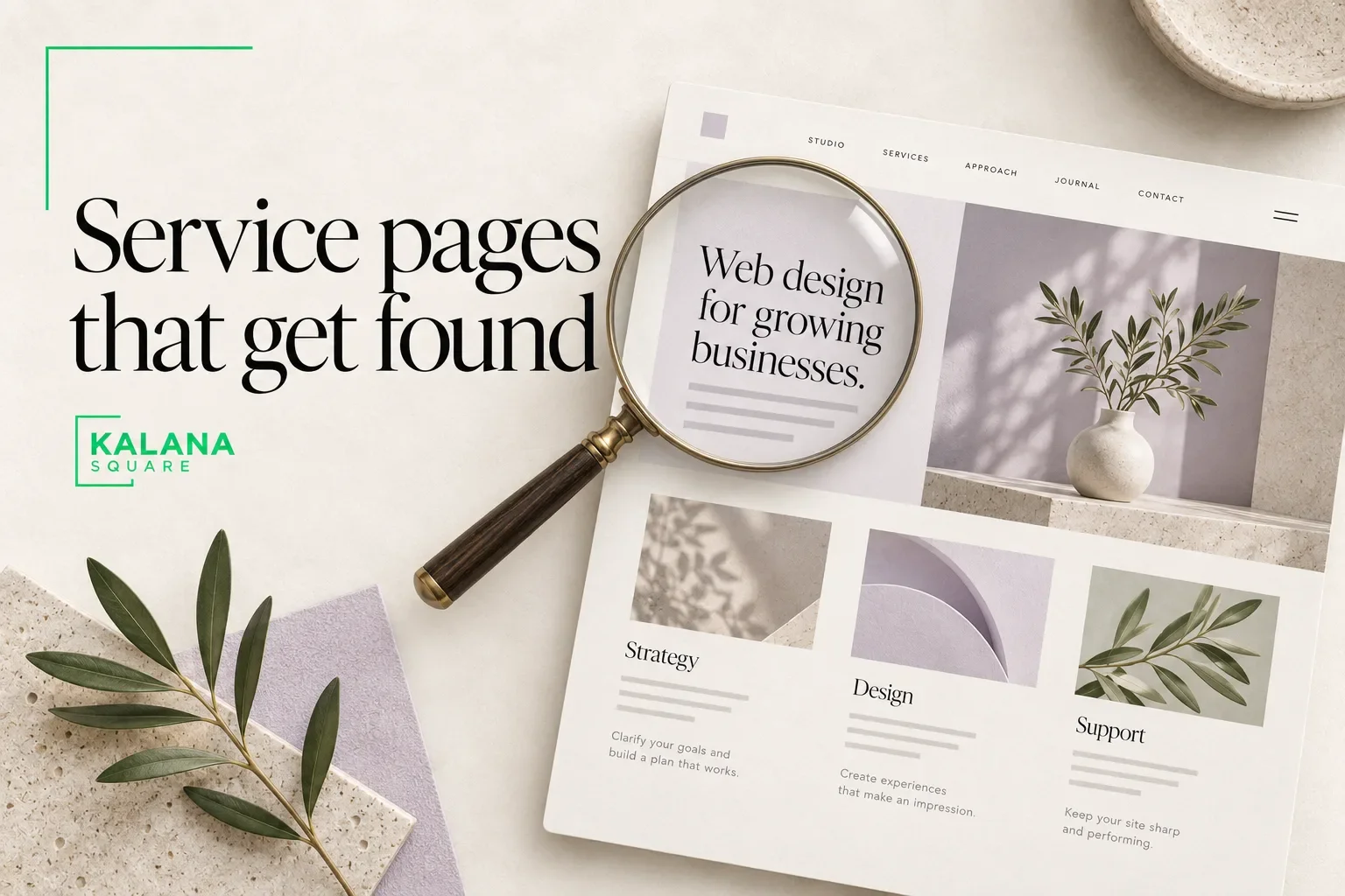 Two conceptual webpage layouts with a calm botanical still life and the headline A fresh start on Squarespace.