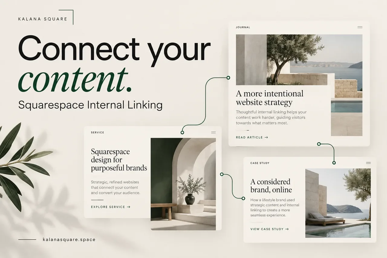 Three website previews connected by green lines, representing an article, service and case study.