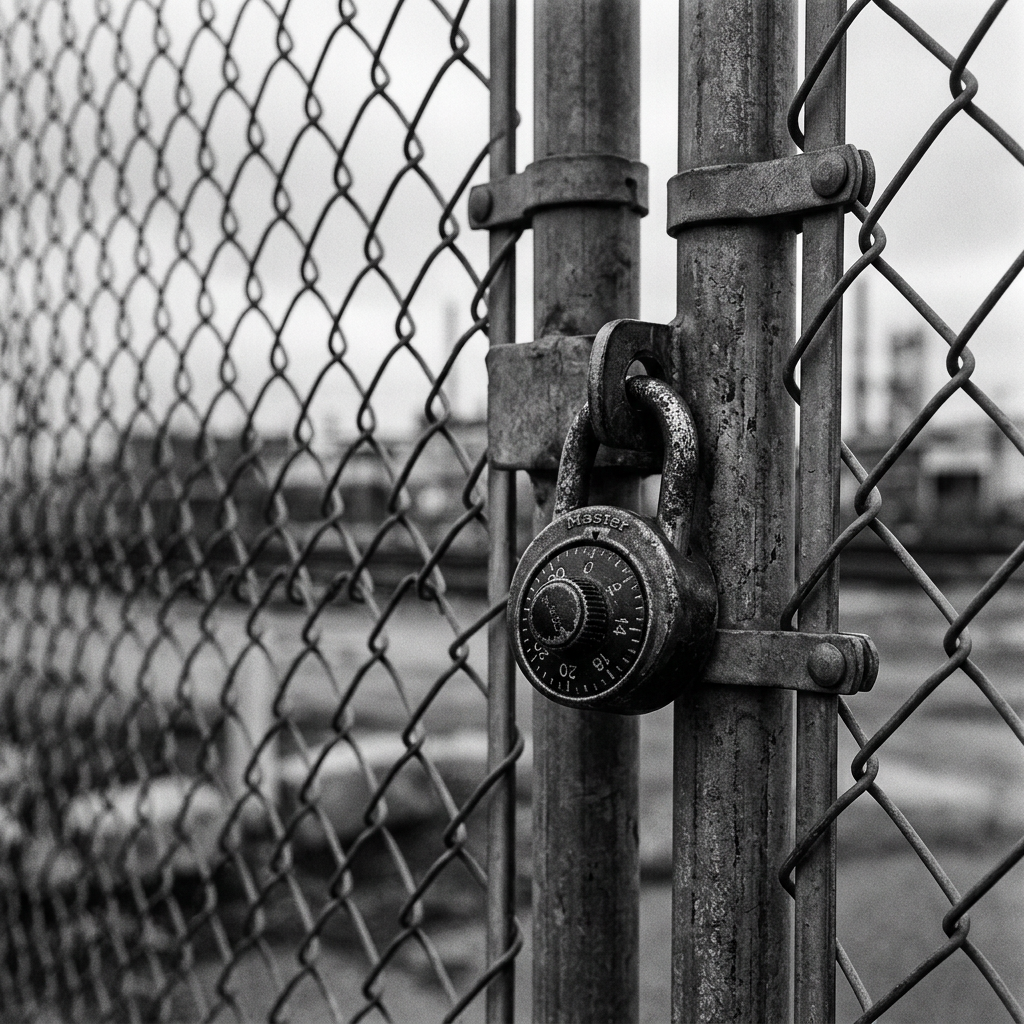 A black and white documentary style photograph of a heavy duty combination padlock securing a commercial chain link fence gate, close up, shallow depth of field with the lock in sharp focus and the fence blurring into the background. Sitefixer