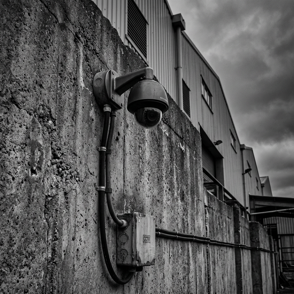 A moody black and white photograph of a commercial security camera mounted on a rough concrete wall of a warehouse or shopping centre, cables running along the wall to a junction box.