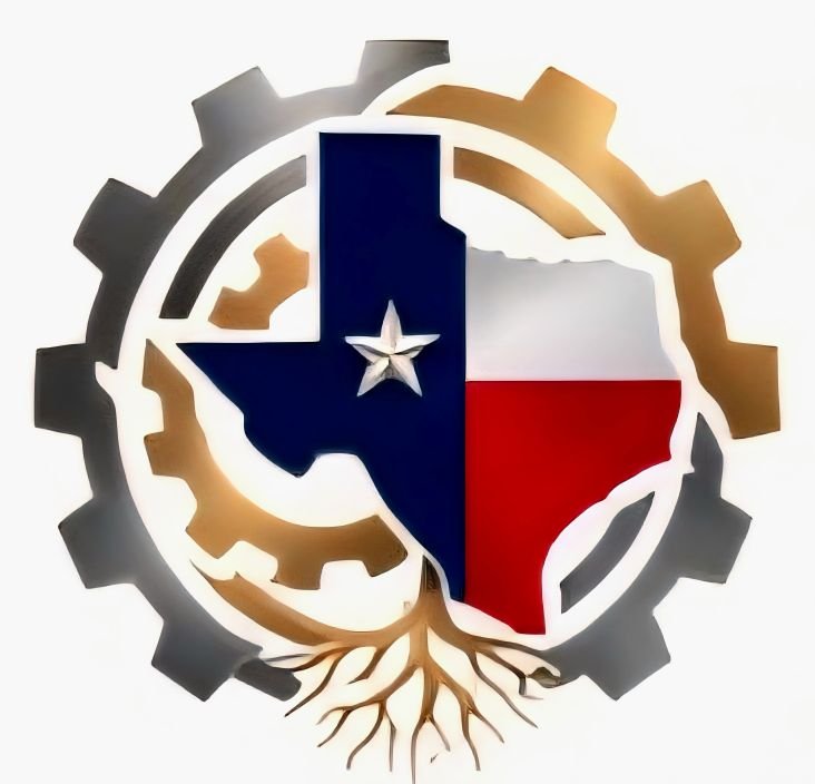 A metallic gear with the Texas state flag superimposed on it, featuring a star and roots at the bottom.