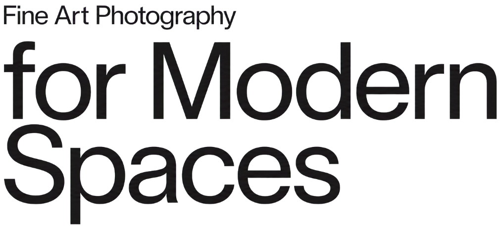 Text that reads 'Fine Art Photography for Modern Spaces' in large black font on a white background.