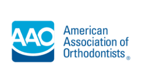 Logo of the American Association of Orthodontists with blue and white colors
