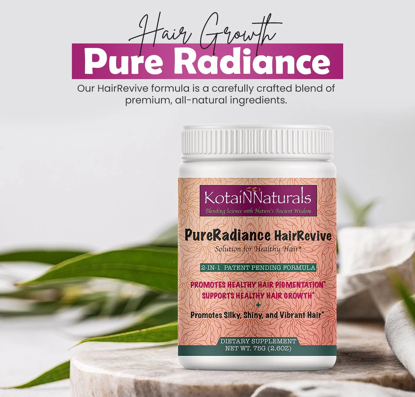Kotai Naturals PureRadiance HairRevive supplement bottle