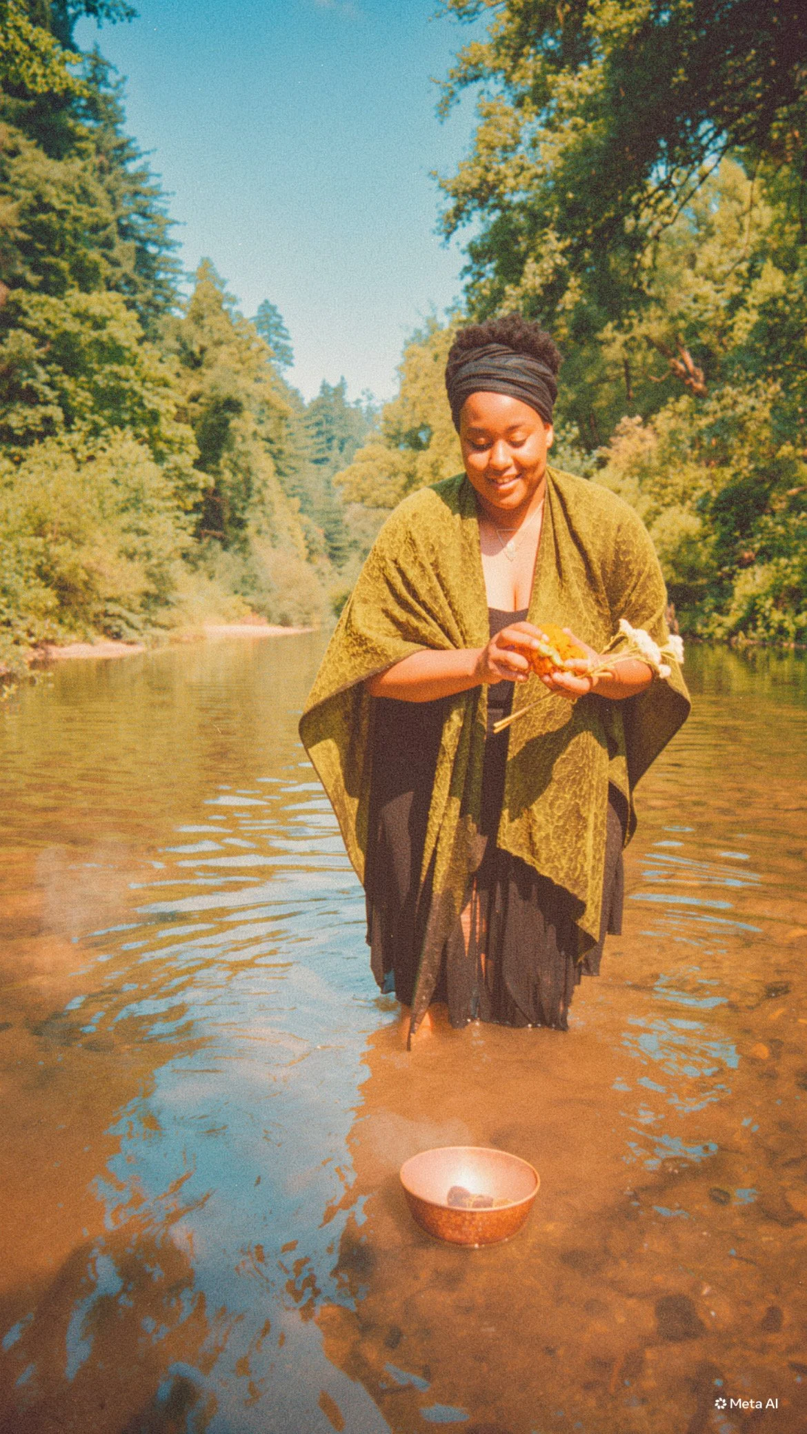 A woman standing in a shallow river holding food on a stick, surrounded by trees and a blue sky.