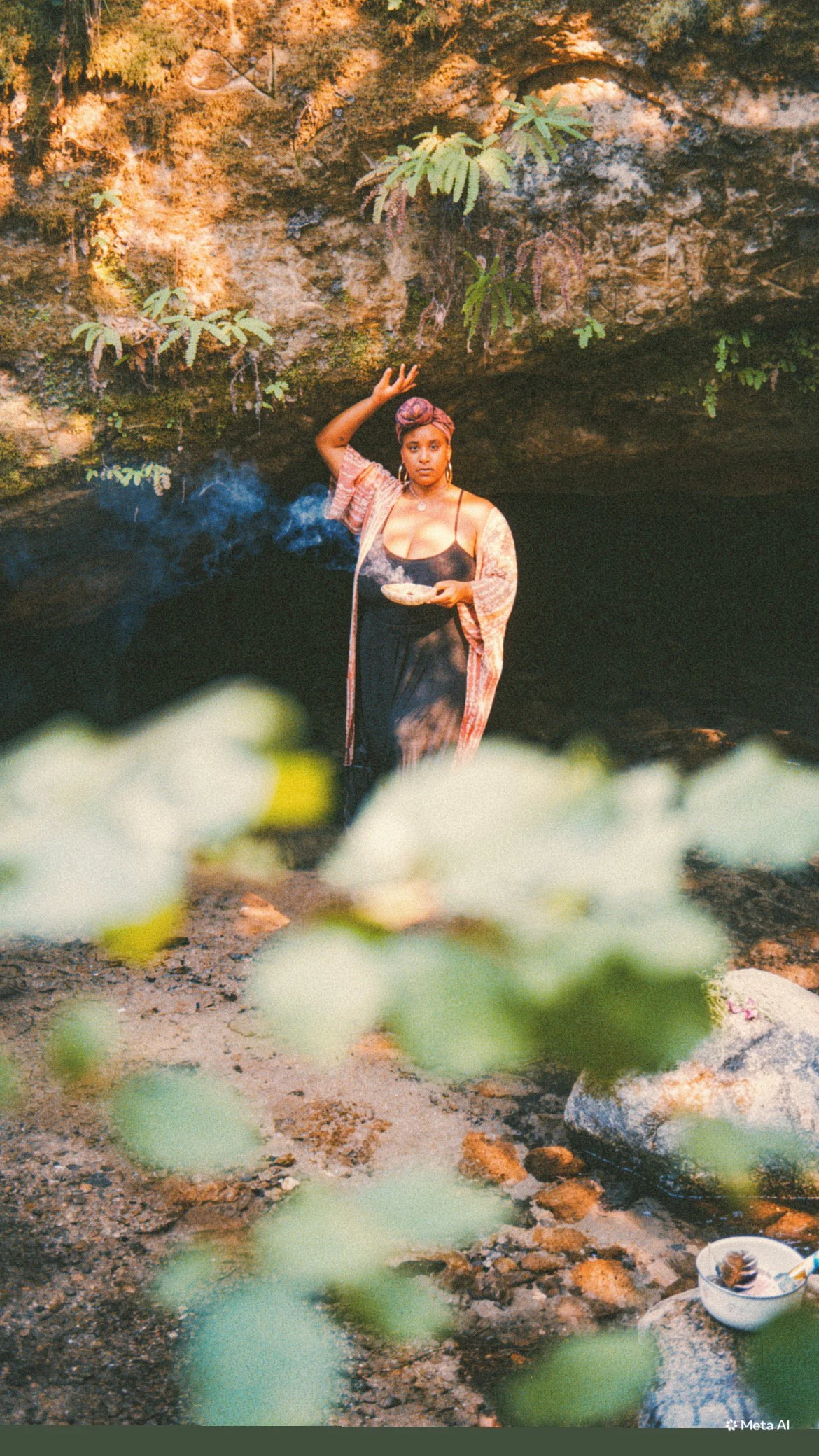 A woman standing in a rocky cave or overhang, holding a plate with food, surrounded by plants and rocks, with smoke rising nearby.
