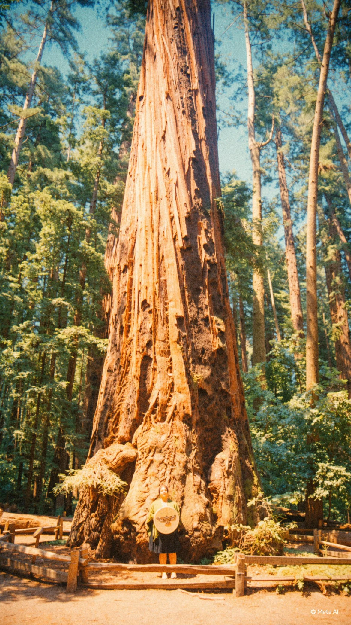 A person standing in front of the giant trunk of a redwood tree in a forest, holding a shield and badge, sunlight filtering through tall trees.
