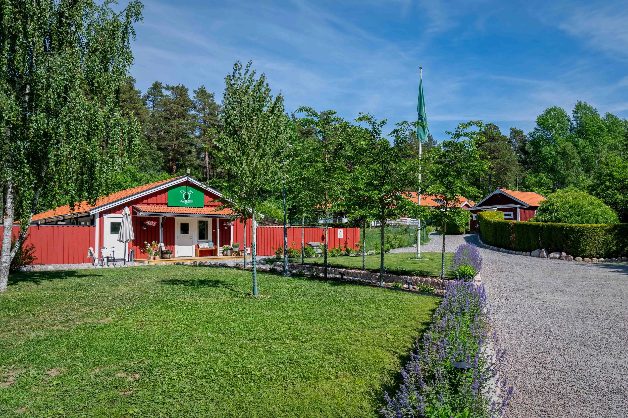 Färgglada röda stugor omgivna av gröna träd och blommande lavendelväxter, med en grusgång och en solig himmel.