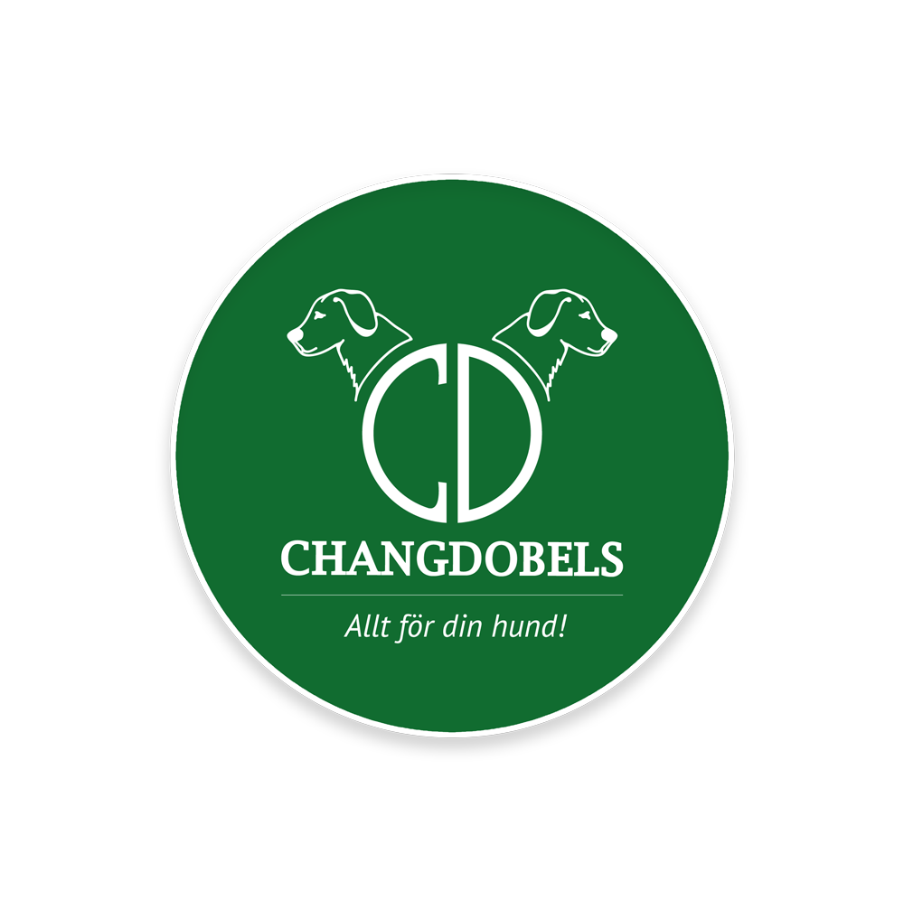 Logotyp för Changdobels med grönt cirkeldiagram, texten 'Changdobels' och 'Allt för din hund!', två hundprofiler och bokstäverna CD i mitten.