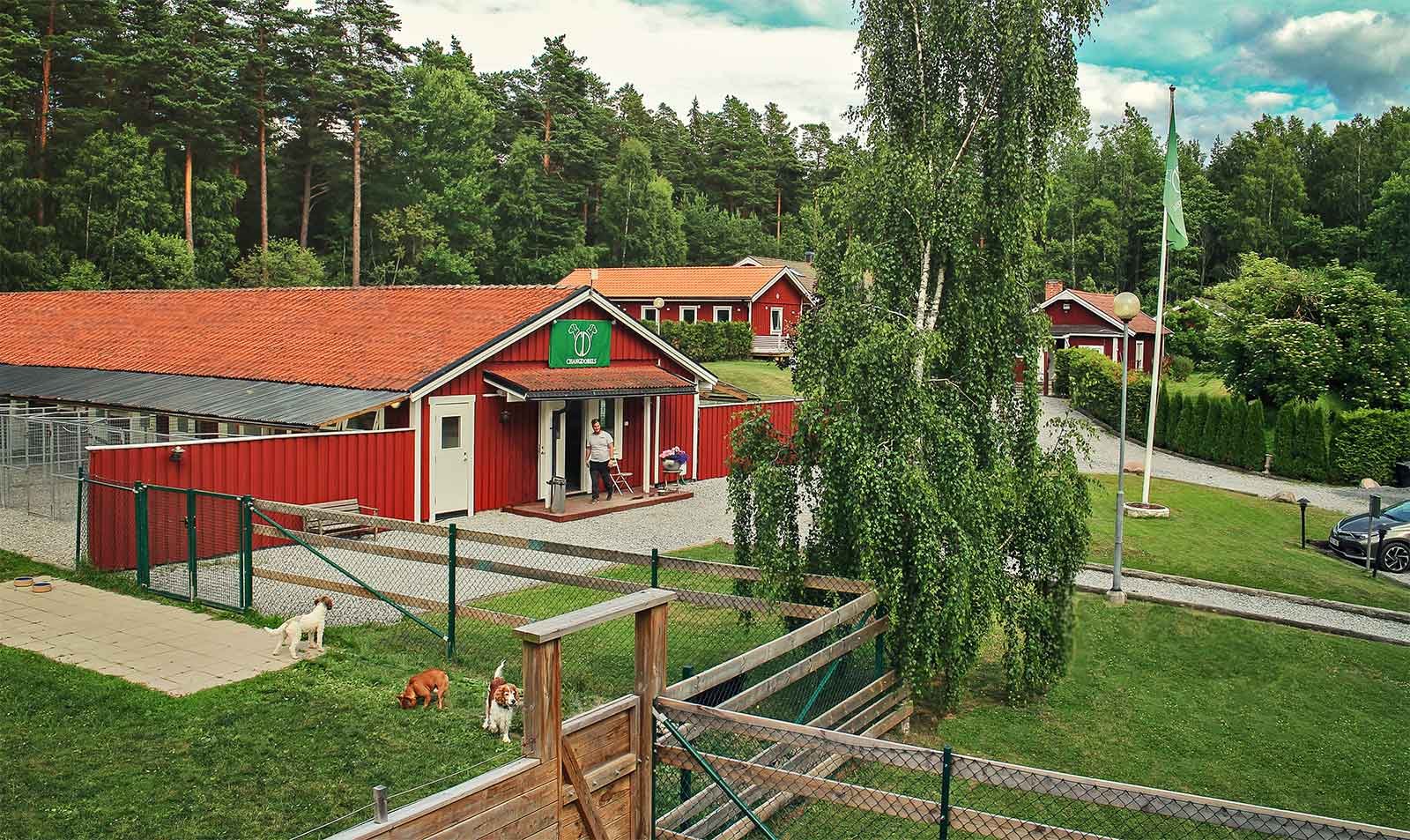 En röd hundkapsel med ett litet förvaringsutrymme och ett överhäng i mitten, omgiven av ett staket och en gräsmatta med hundar. I bakgrunden finns gröna träd och villor.
