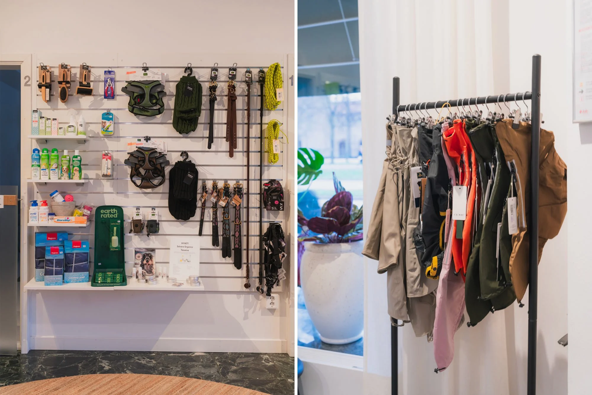 Bild på en butik med olika hundrelaterade produkter, såsom borstar och kläder.