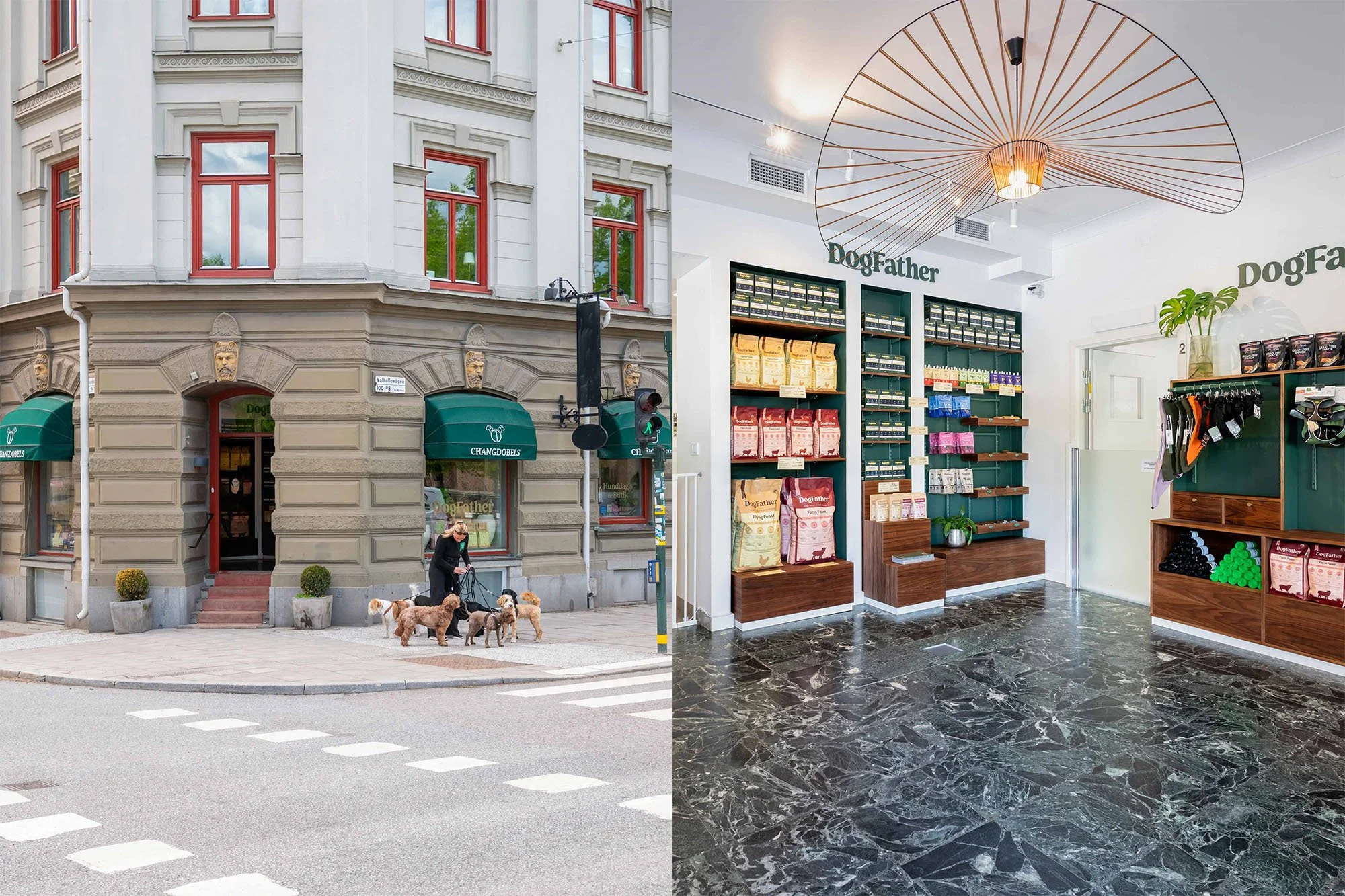 vänster: gatukorsning med äldre byggnad med många fönster och gröna markiser, människor med hundar, trafikljus; höger: inredning av hundbutik med förpackningar av hundmat, hyllor, växter, golv av svart marmor