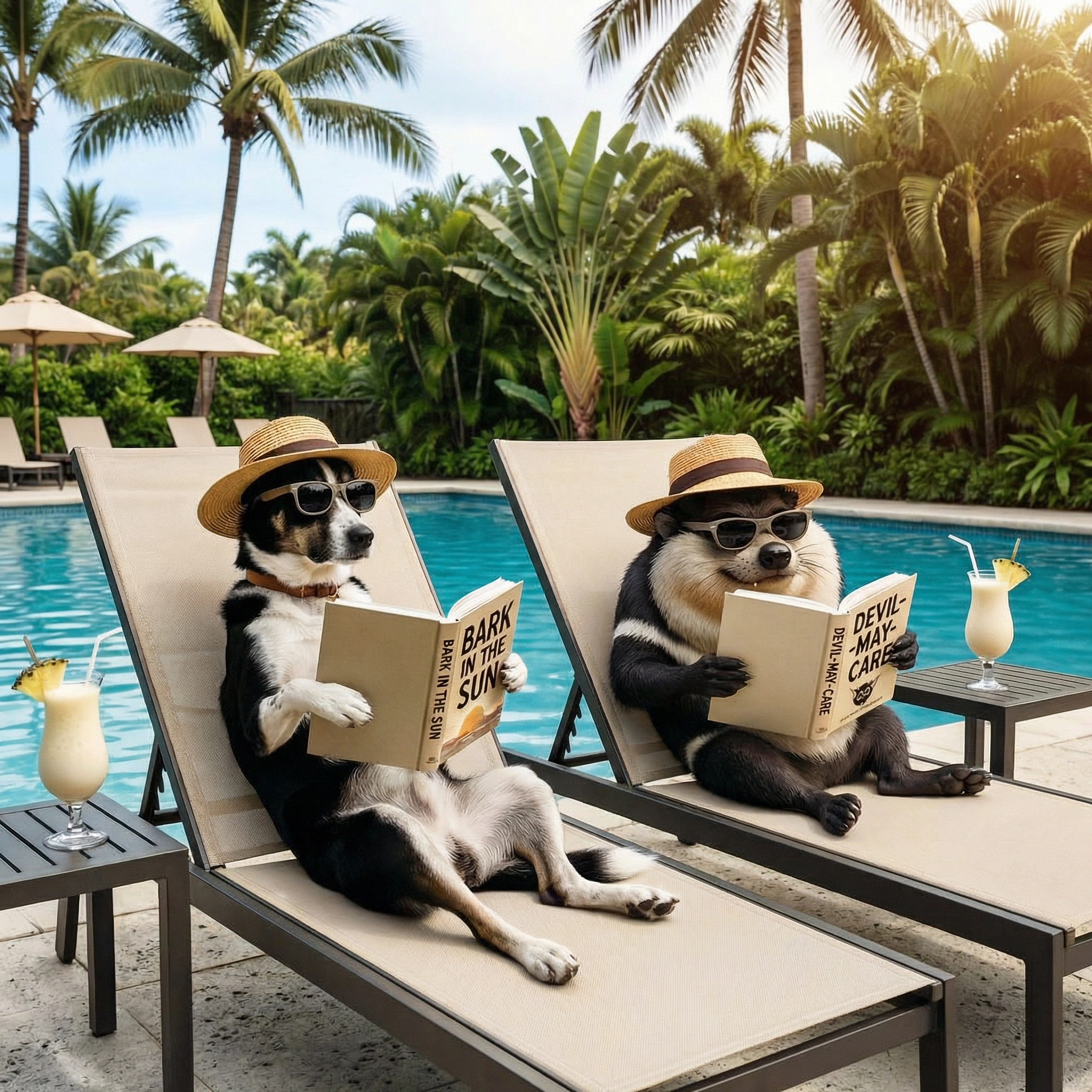 a border collie named bandit and a tasmanian devil are on holiday relaxing by the pool reading books and sunbaking