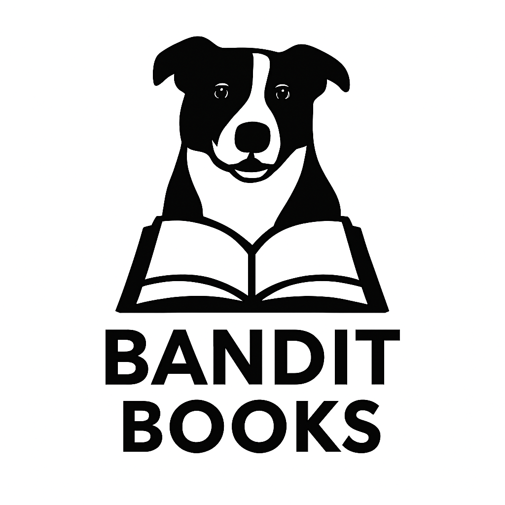 A black and white graphic logo featuring a dog with a white stripe on its face, sitting behind an open book, with the words "BANDIT BOOKS" written below.