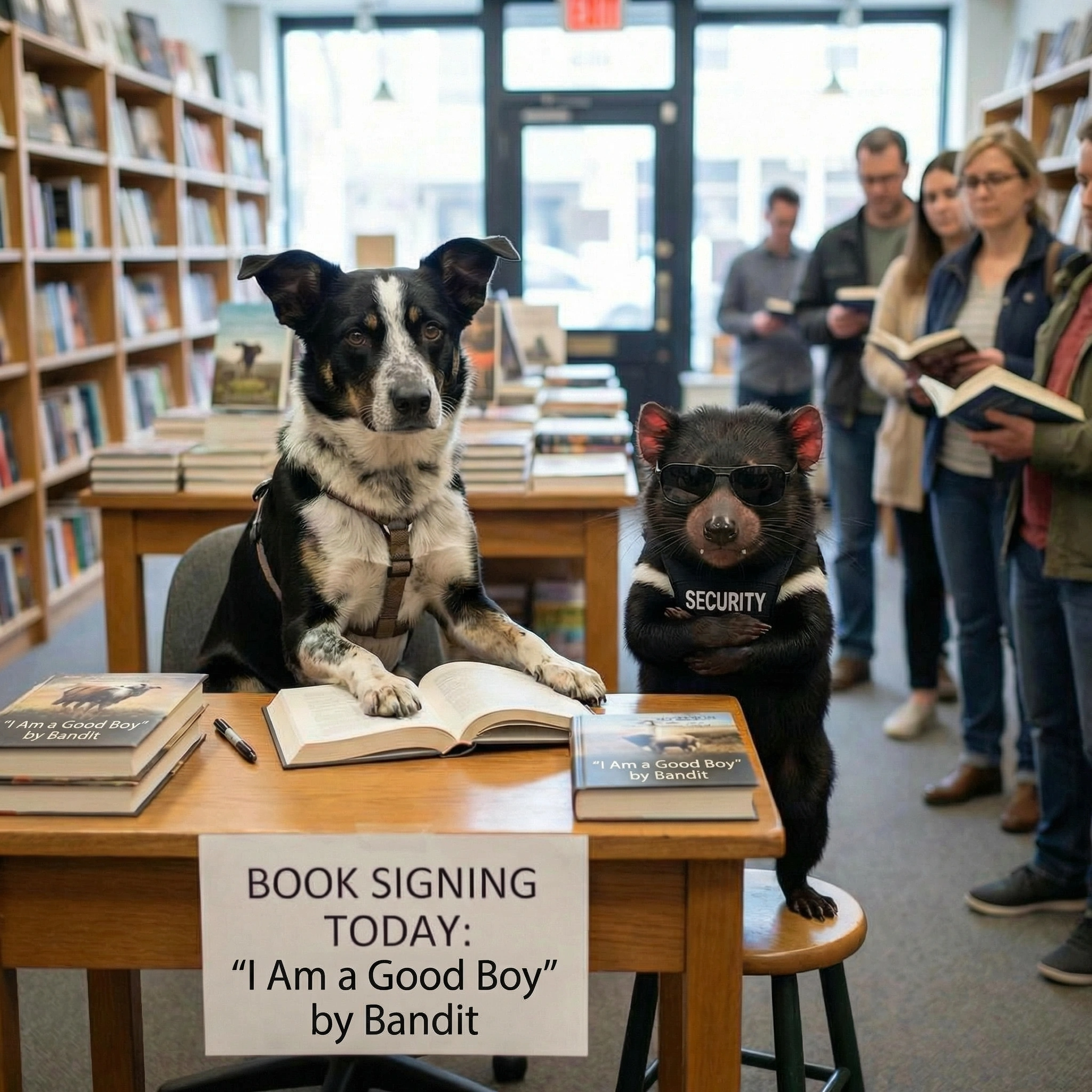 A dog named Bandit signs his book at a book signing while a Tasmanian devil acts as security
