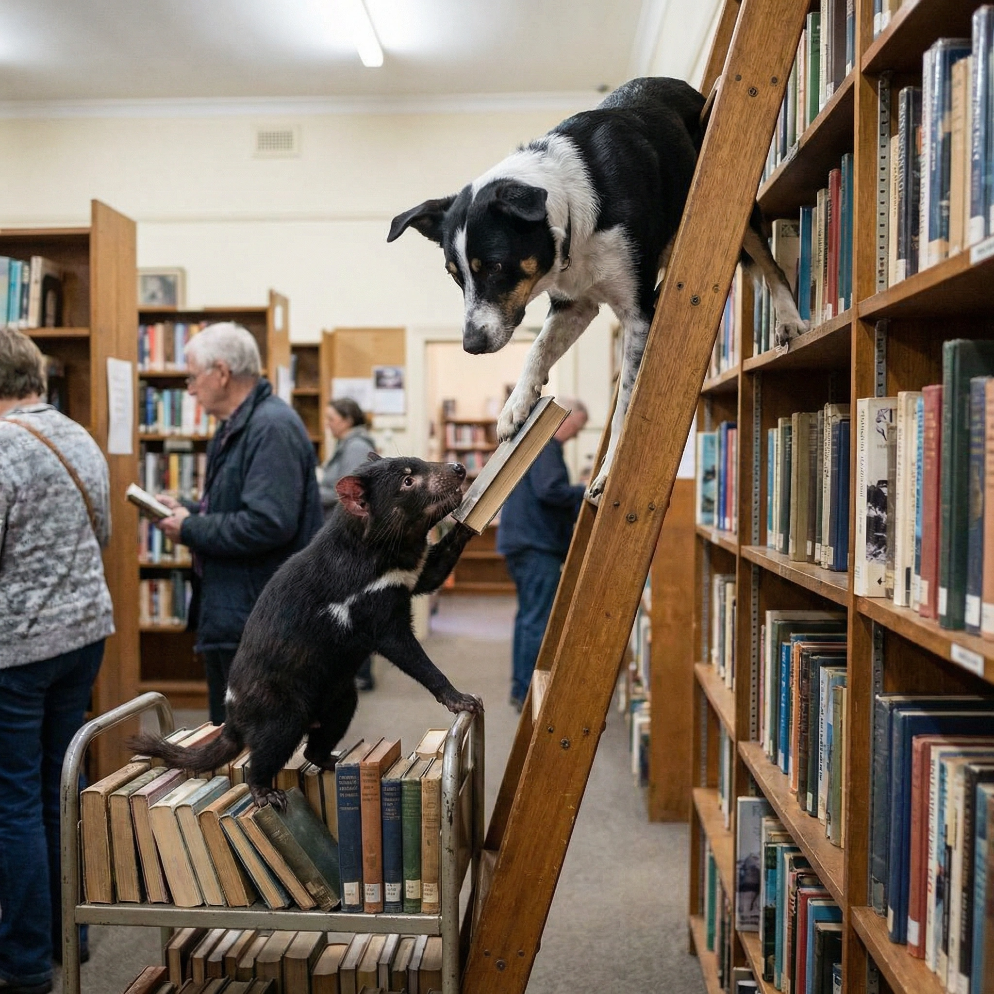 a dog and a tasmanian devil stack books on shelves in a library while standing on a ladder