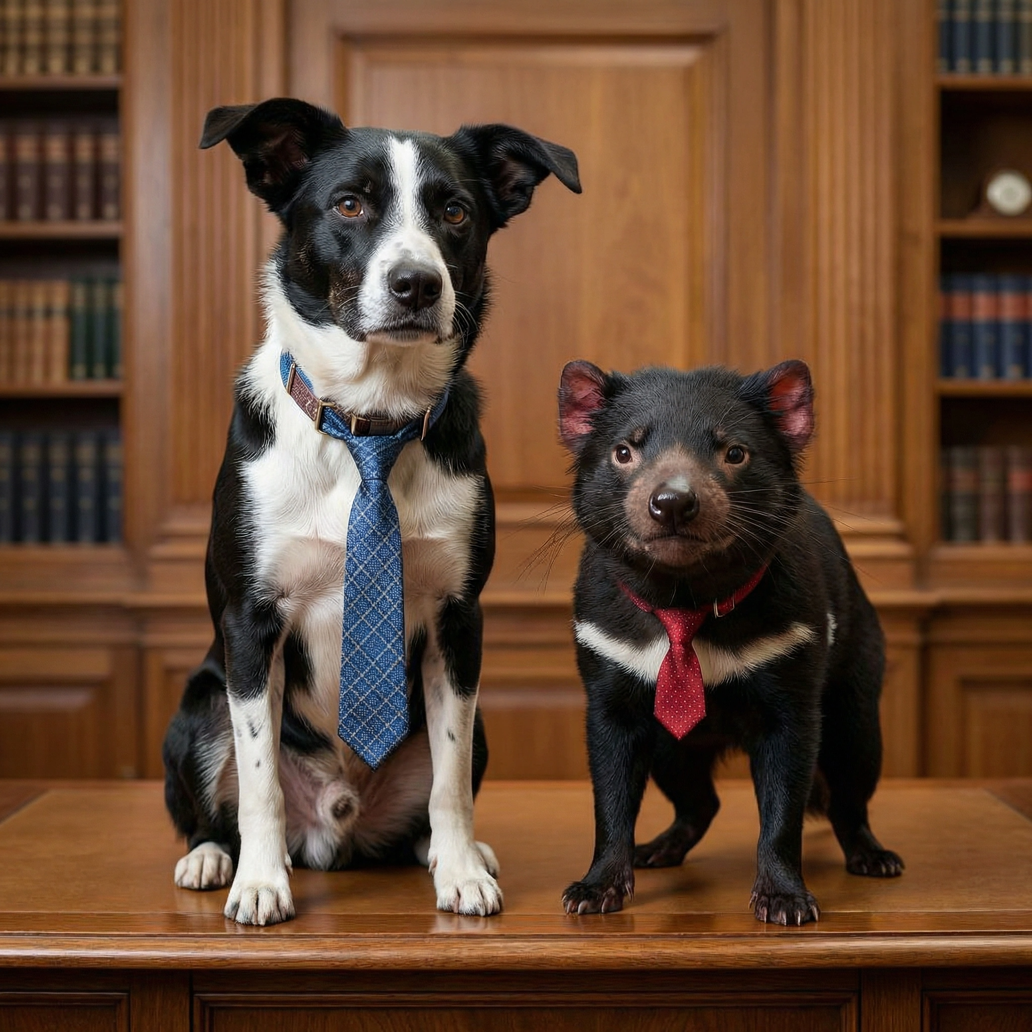 a border collie dog and a tasmanian devil stand on a desk posing for their CEO photographs