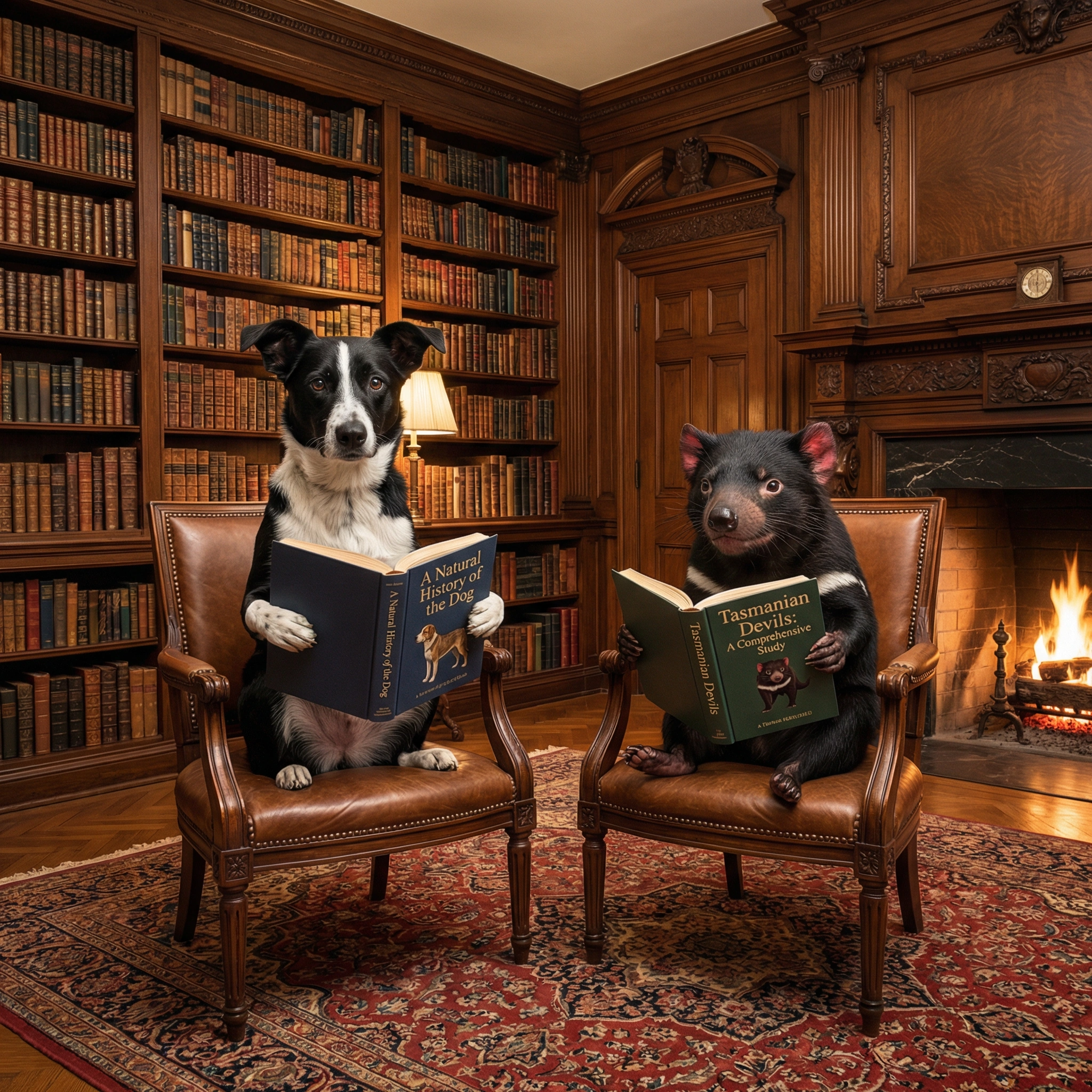 Two dogs sitting in a cozy library room with wooden bookshelves, a fireplace, and leather chairs. They are reading books, one titled 'A Natural History of the Dog' and the other 'Tasmanian Devils: A Comprehensive Study'.