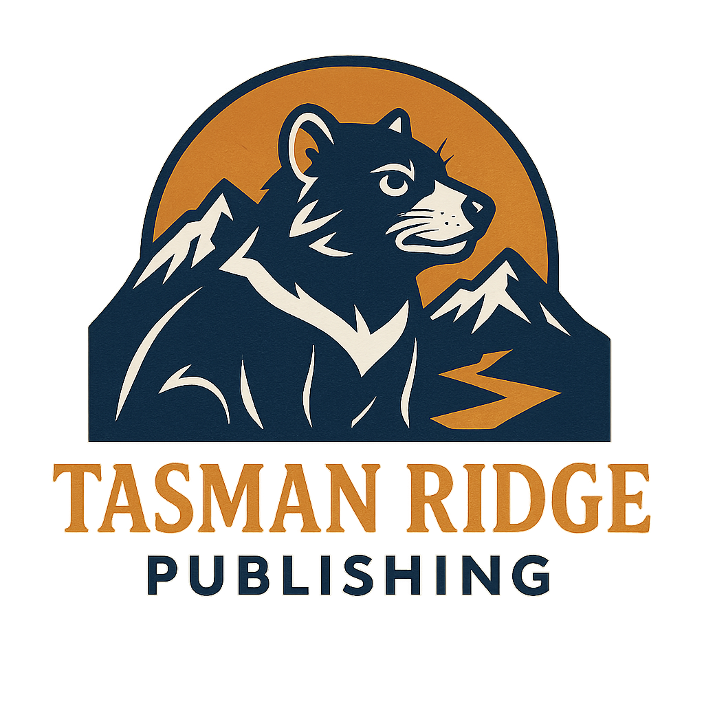 A logo for Tasman Ridge Publishing featuring a mountain landscape and a Tasmanian Devil in profile.