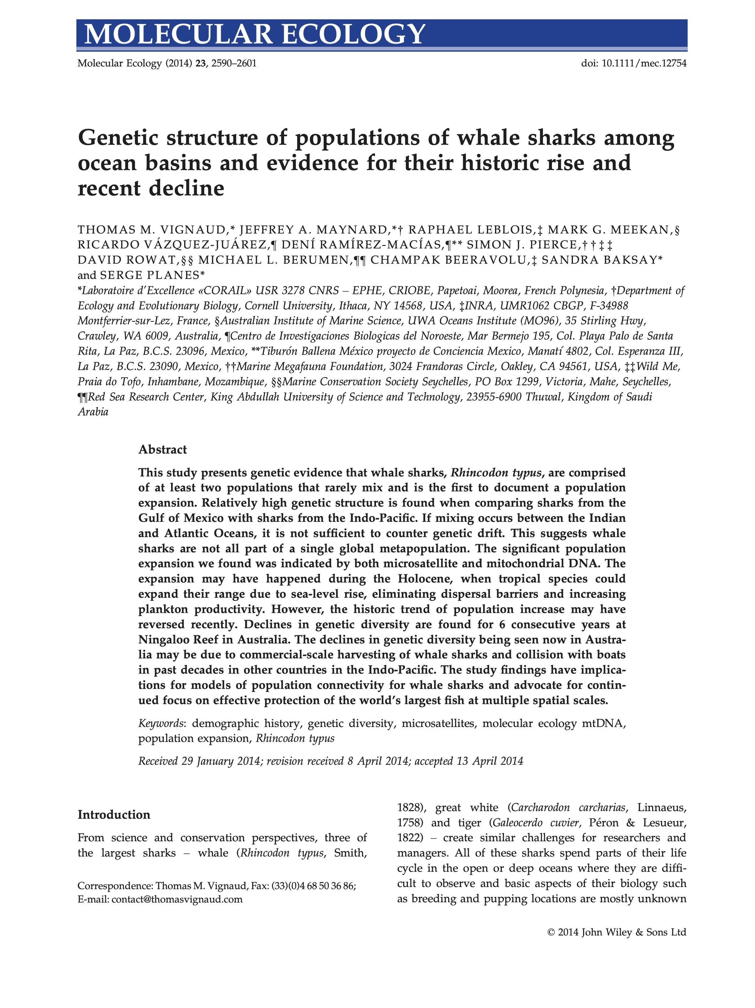 Scientific article from 'Molecular Ecology' journal titled 'Genetic structure of populations of whale sharks among ocean basins and evidence for their historic rise and recent decline' with authors, affiliations, abstract, keywords, and publication details.